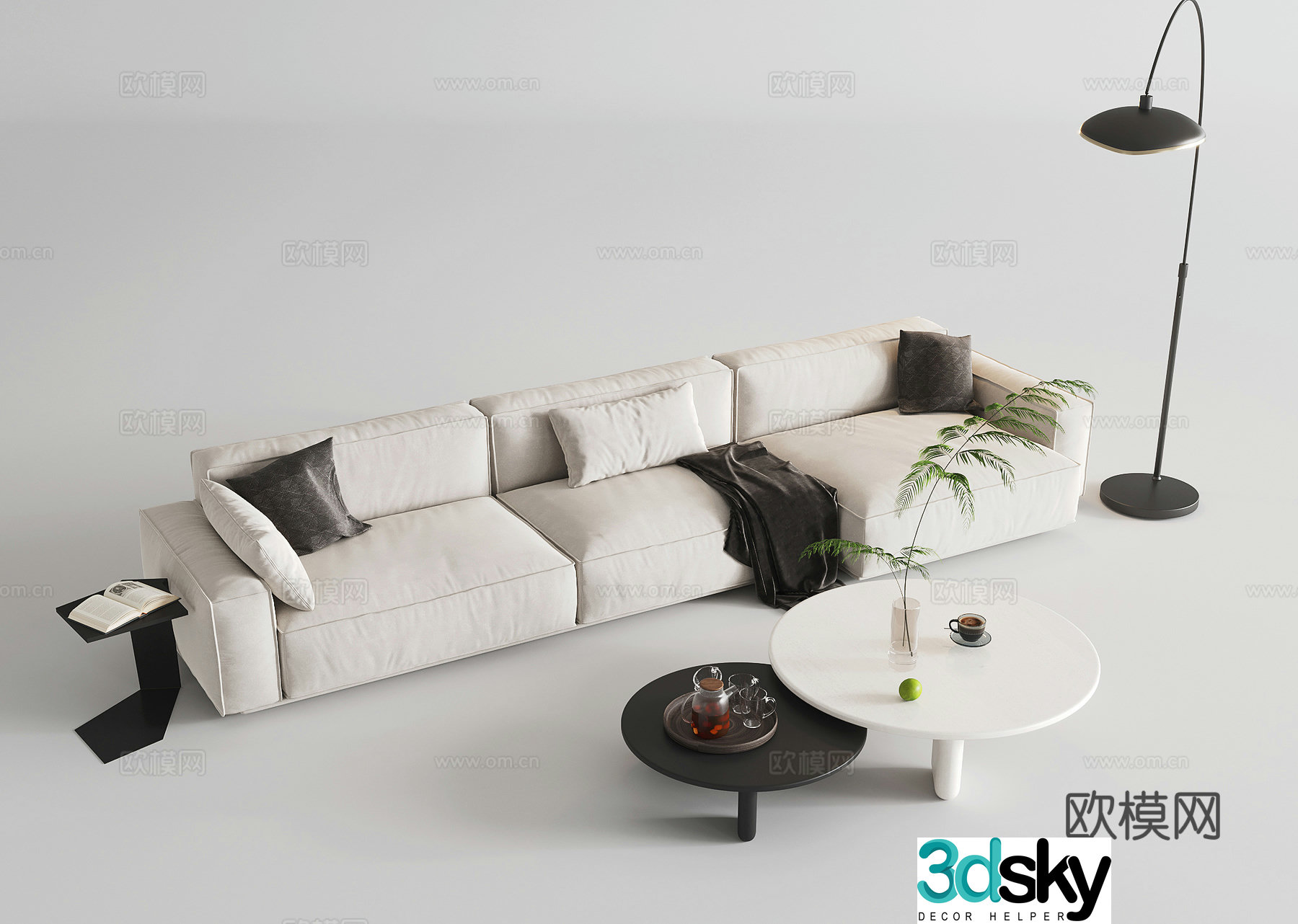 Multi-person sofa three-person sofa fabric sofa floor lamp sofa coffee table combination 3D model