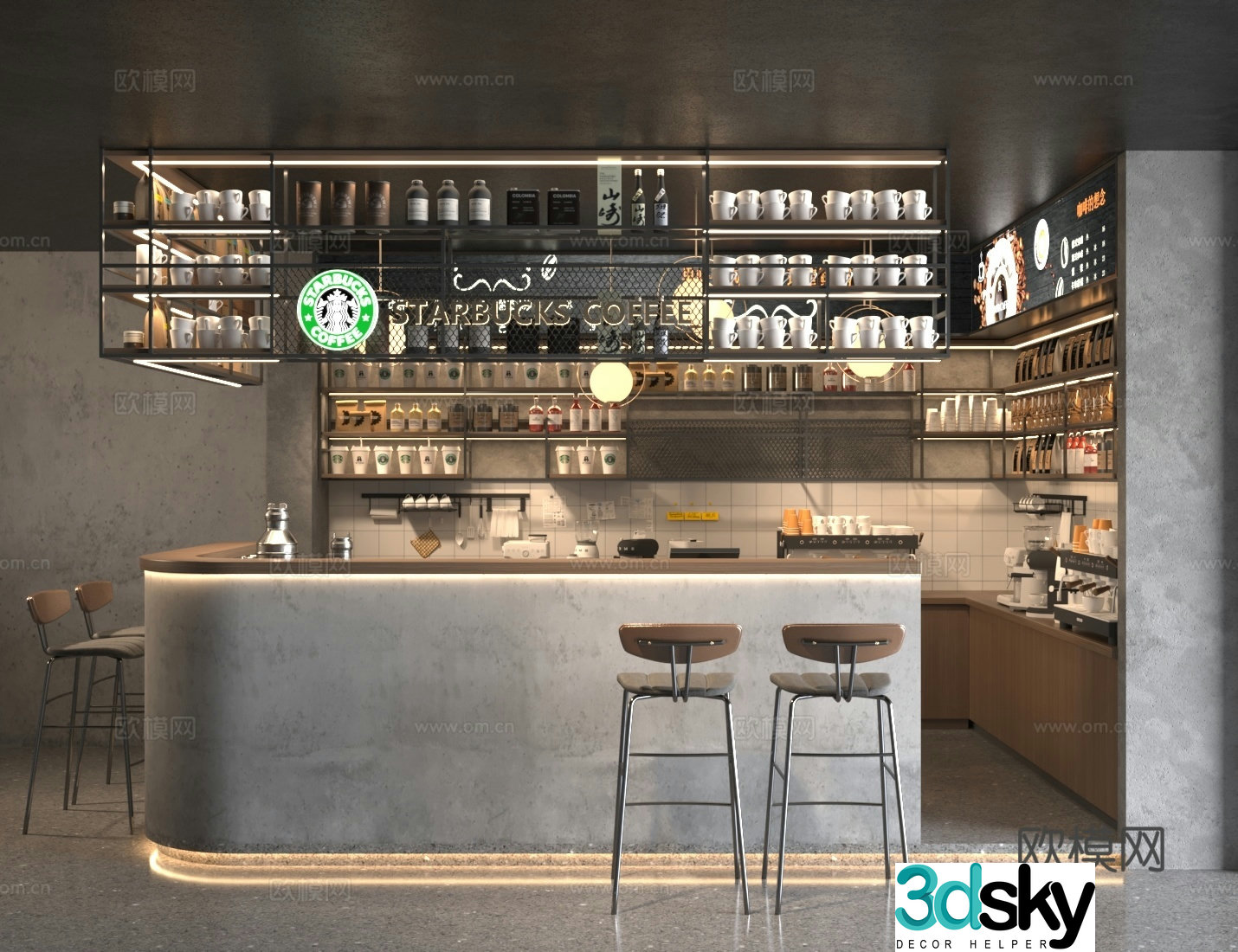 Industrial style cafe water bar area 3D model
