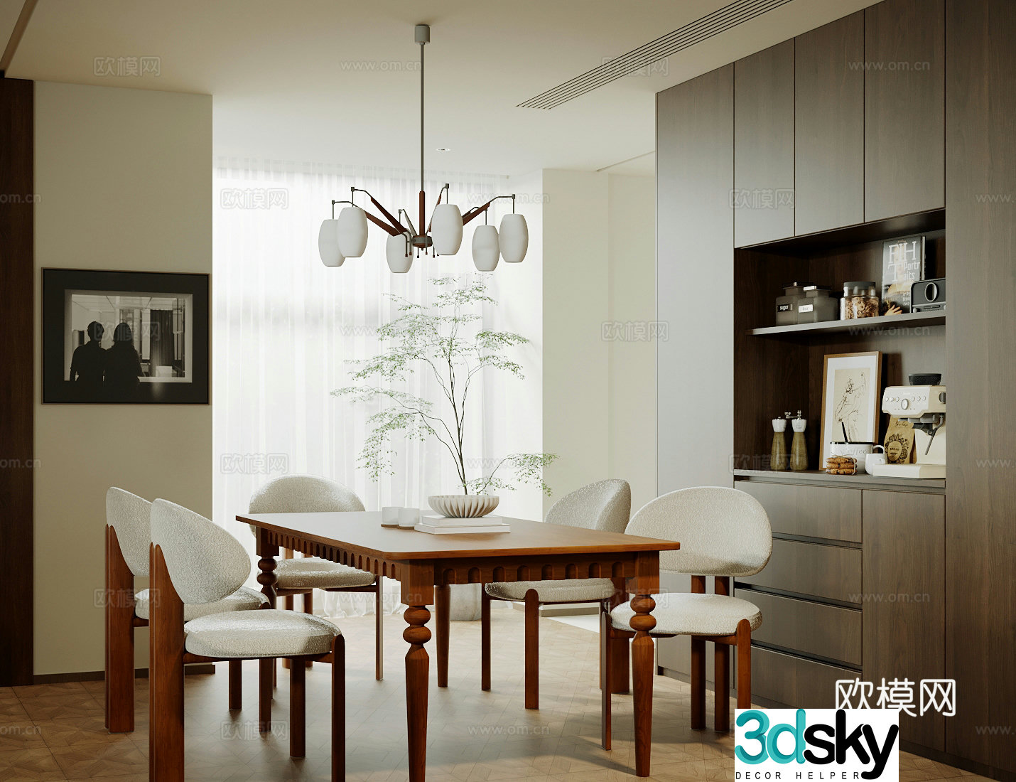 Middle-aged home restaurant Open restaurant Middle-aged dining table and chair combination sideboard decorative cabinet 3D model