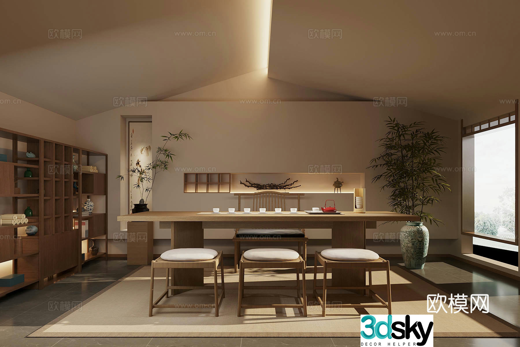 Middle-aged tea room tea tasting area Japanese tea room balcony tea room solid wood tea table and chair tea cabinet 3D model
