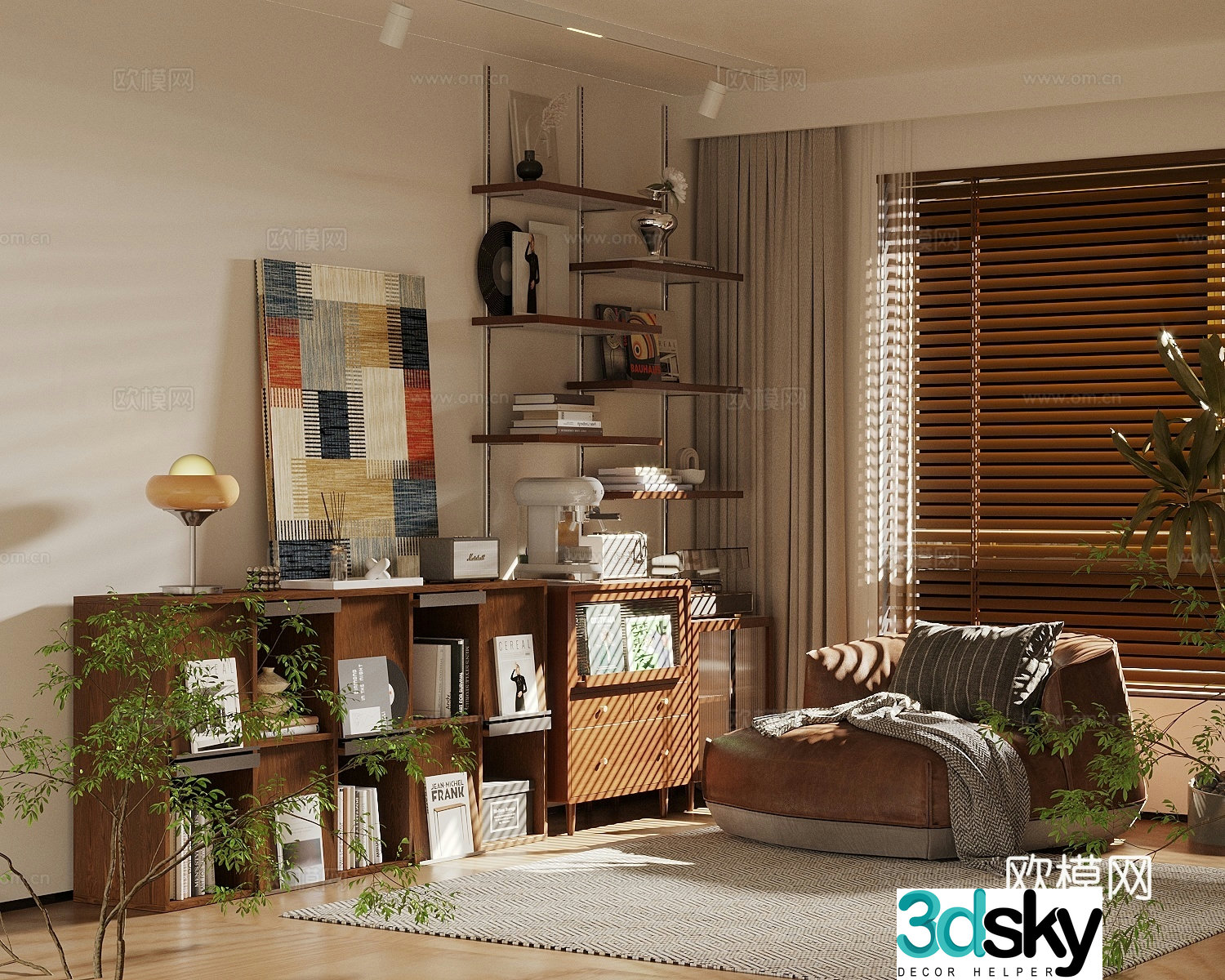 Medium retro home living room home living room bookcase chest of drawers bookshelves 3d model