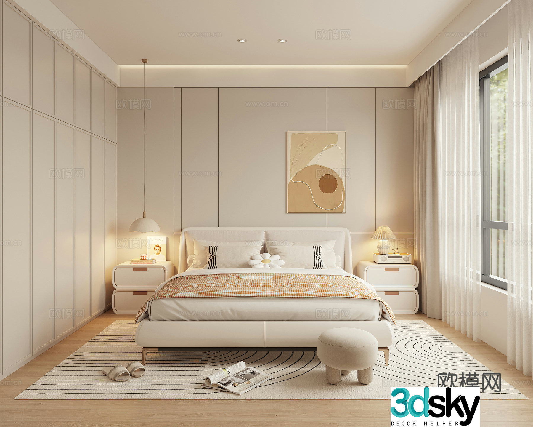 Creamy Bedroom Double Bed 3D Model