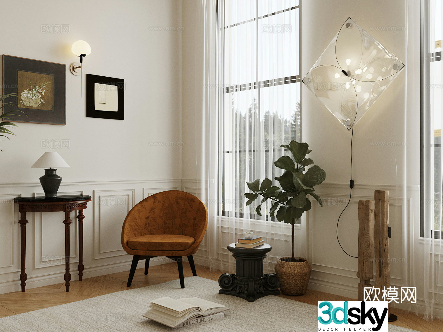 French casual chair sofa chair kite lamp wall lamp 3d model