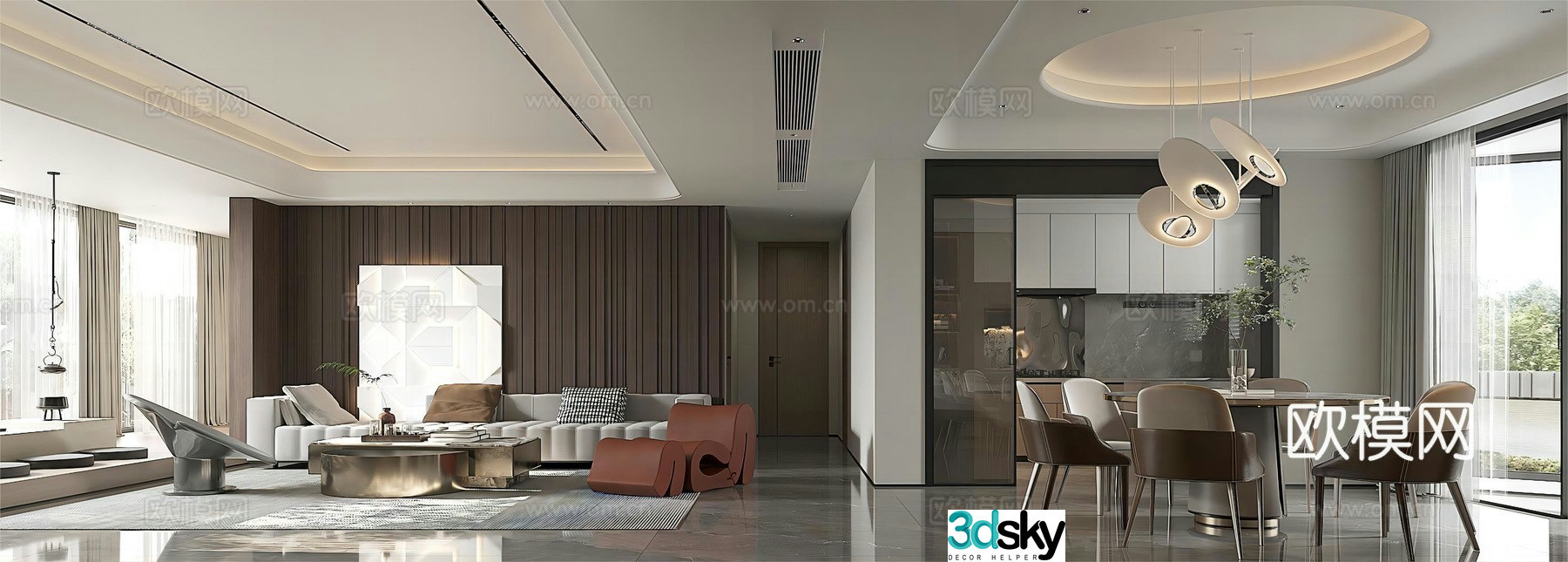 Modern living and dining room sofa coffee table Italian light luxury living and dining room large flat floor living and dining room horizontal living room 3D model