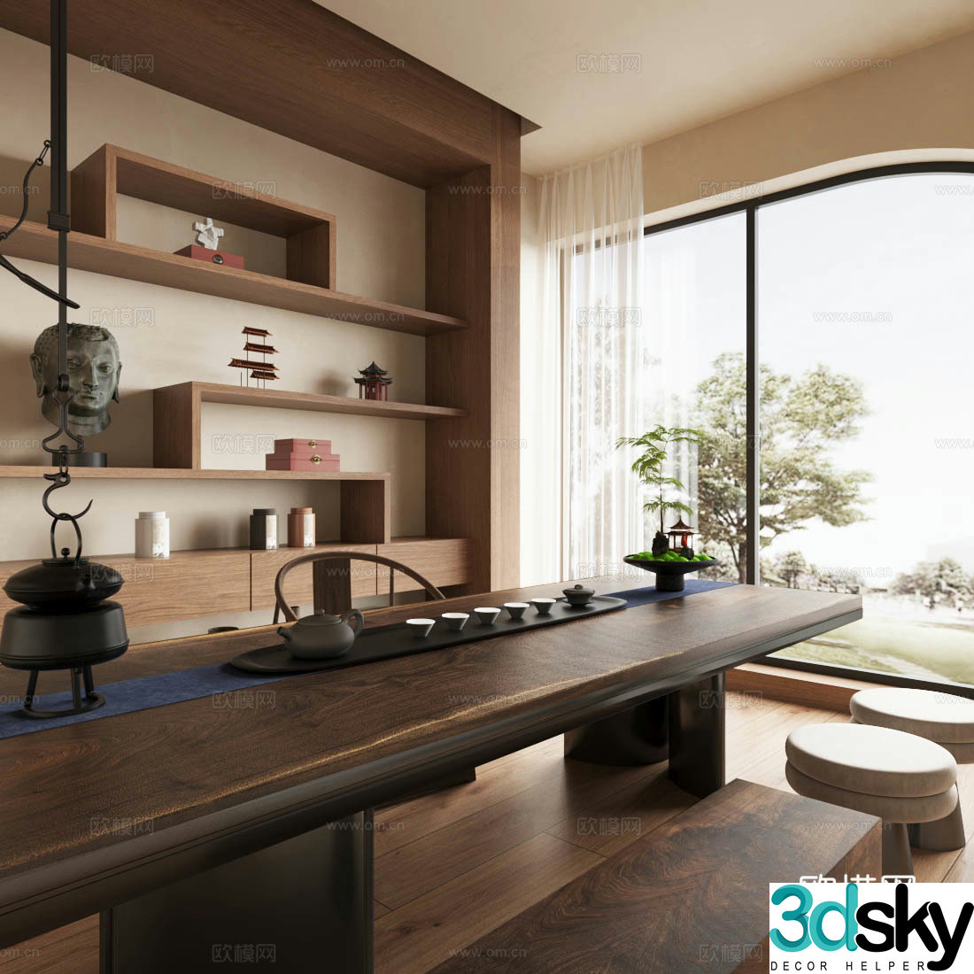 Middle-aged tea room tea tasting area Japanese tea room balcony tea room solid wood tea table and chair tea cabinet 3D model