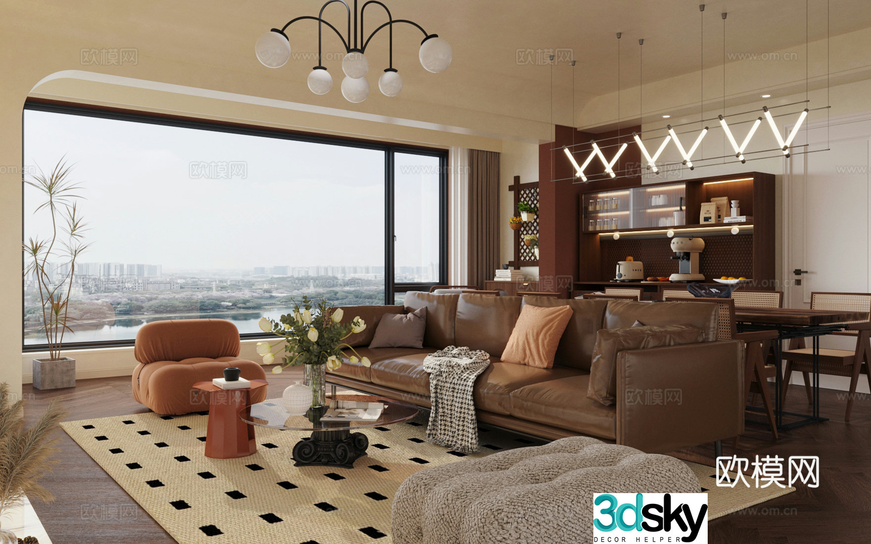 Middle style living room large flat floor living room sofa and coffee table combination middle style dining table and chair 3D model