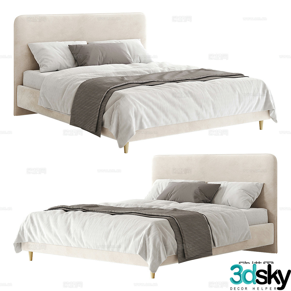 Modern Cream Mia Fabric Double Bed 3D Model