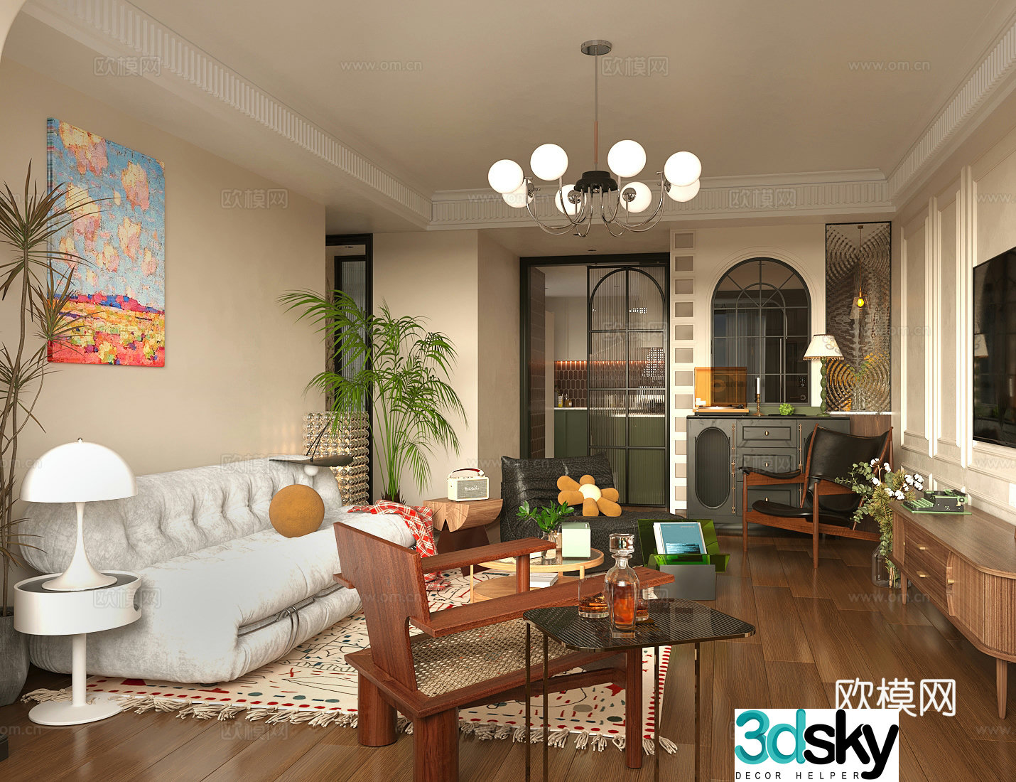 Medium style living room horizontal living room small living room sofa and coffee table combination French retro living room 3D model