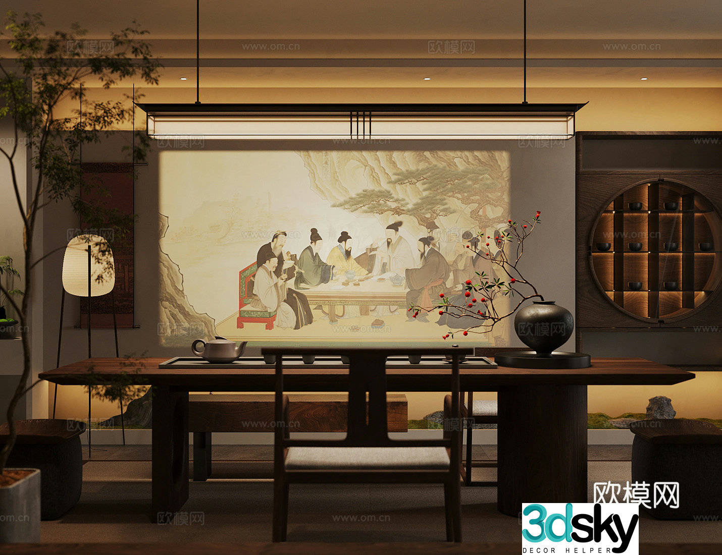 New Chinese-style Zen tea room tea tasting area tea table and chair combination club tea room Song-style aesthetic tea room 3D model