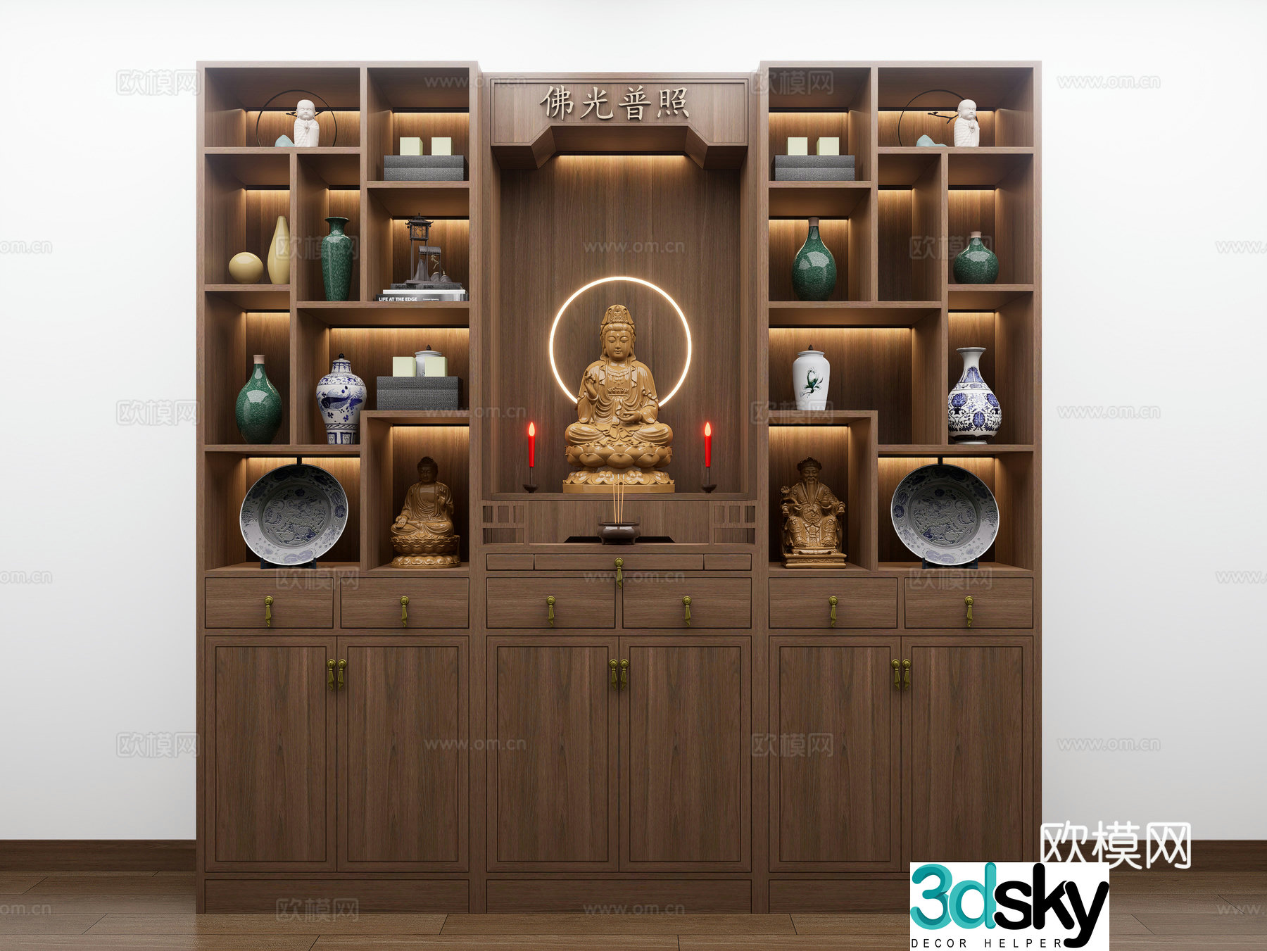 New Chinese style Buddha niche shrine god cabinet altar worship platform incense burner candle holder god of wealth statue 3d model