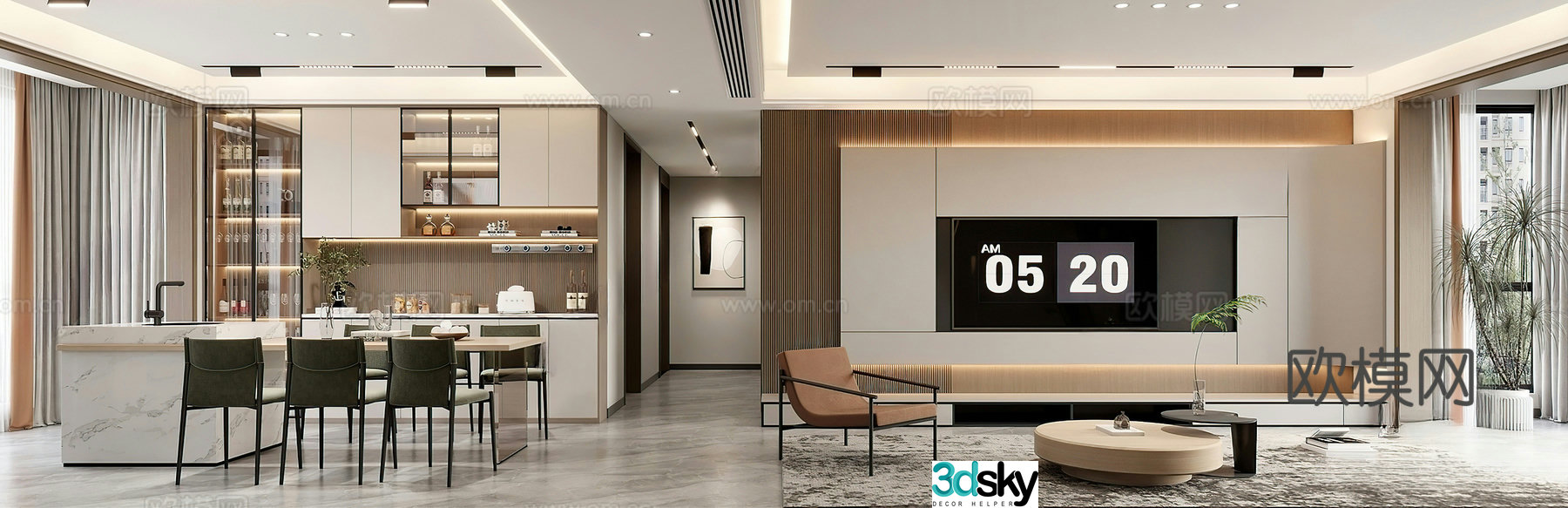 Modern living room TV background wall Modern living dining room Light luxury leisure chair Italian wine cabinet 3d model