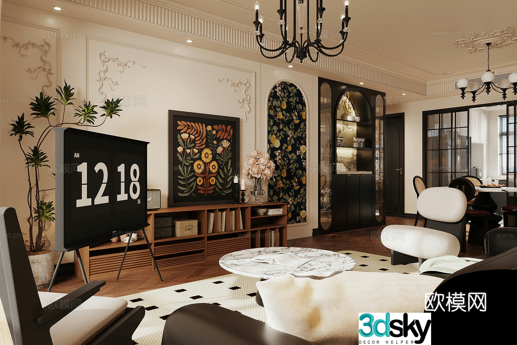 Middle style living room large flat floor living room sofa and coffee table combination middle style dining table and chair 3D model