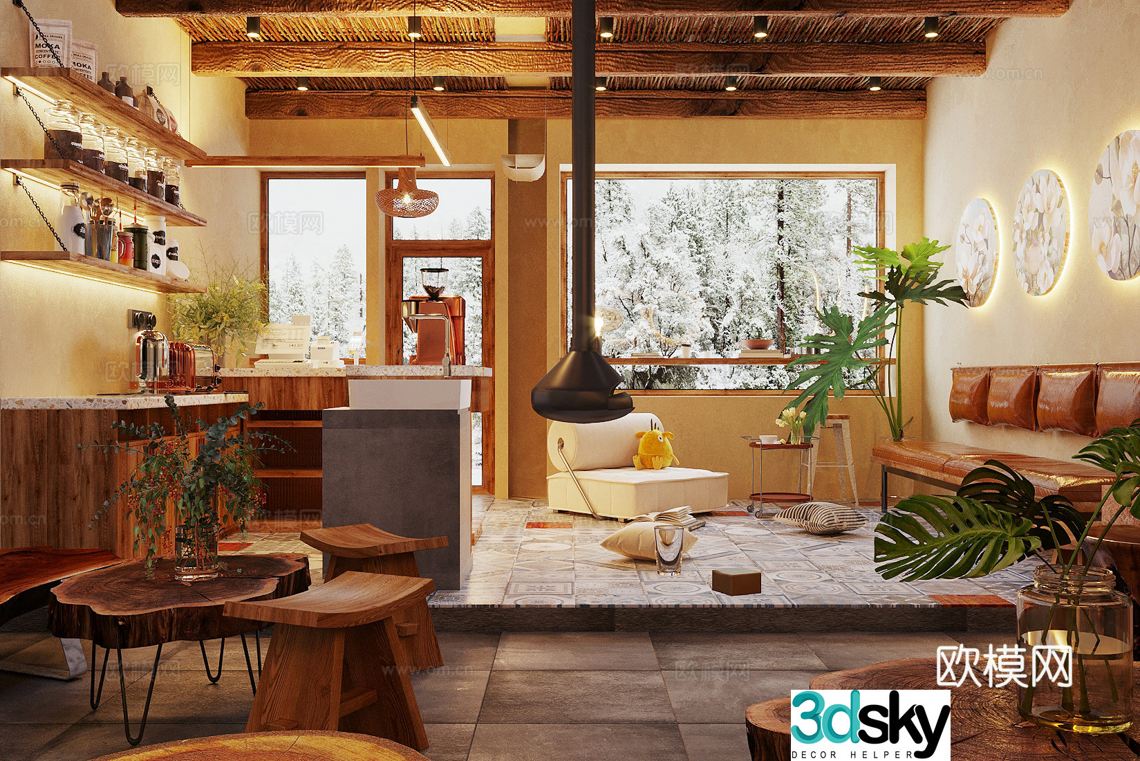 Log wood style milk tea shop Western restaurant Log wood style coffee shop Dessert shop Coffee table and chair Coffee 3D model