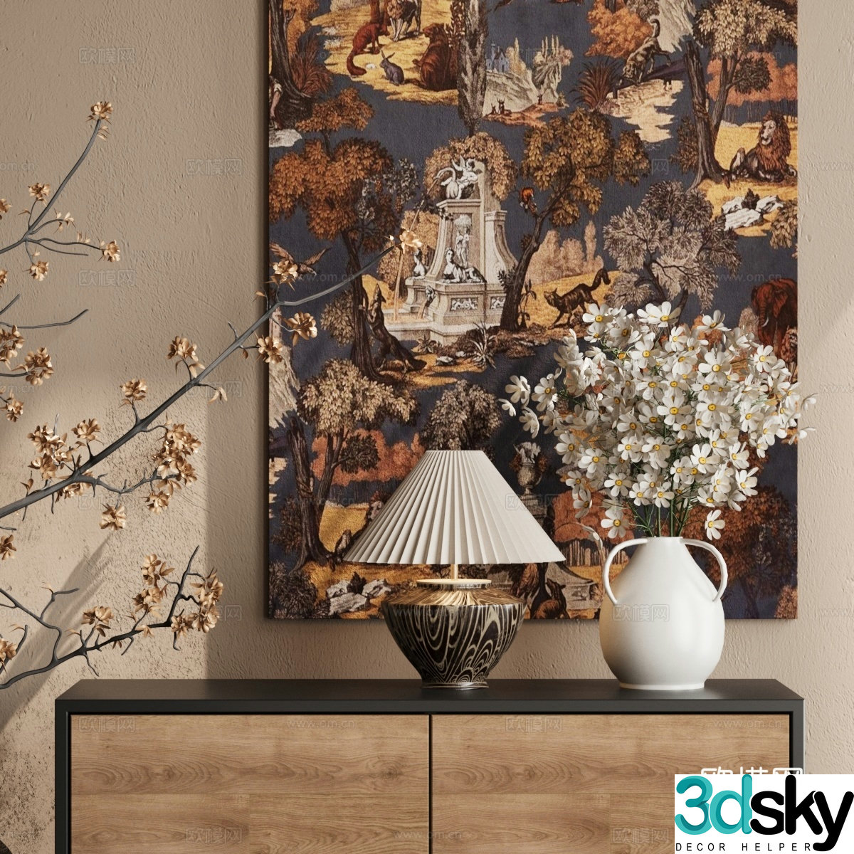 Middle-aged style table lamp small daisy potted plant 3D model