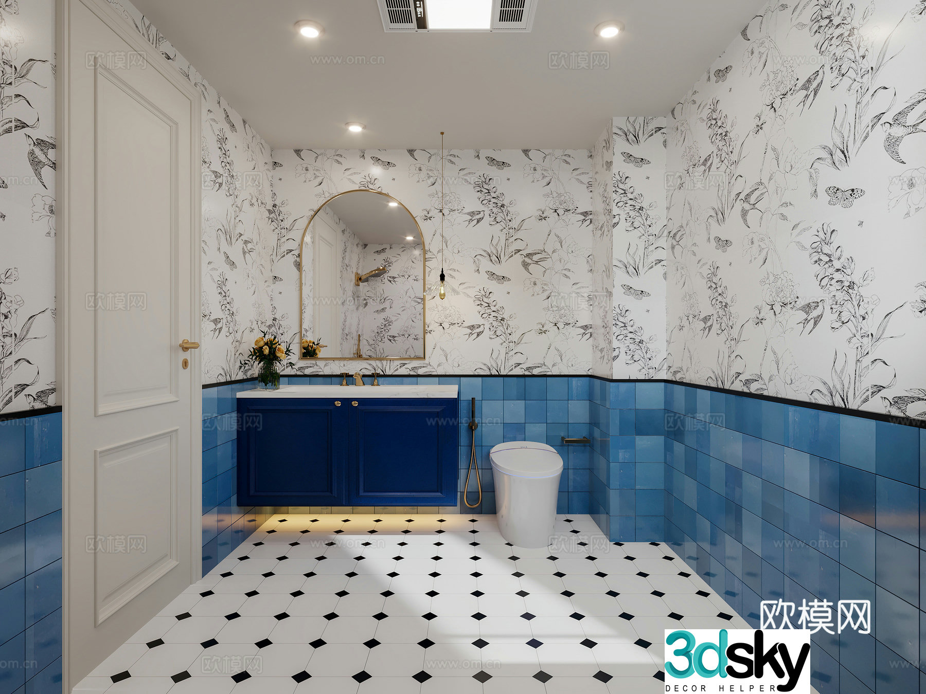 French bathroom French creamy bathroom bathtub side French floral tiles air heater 3D model