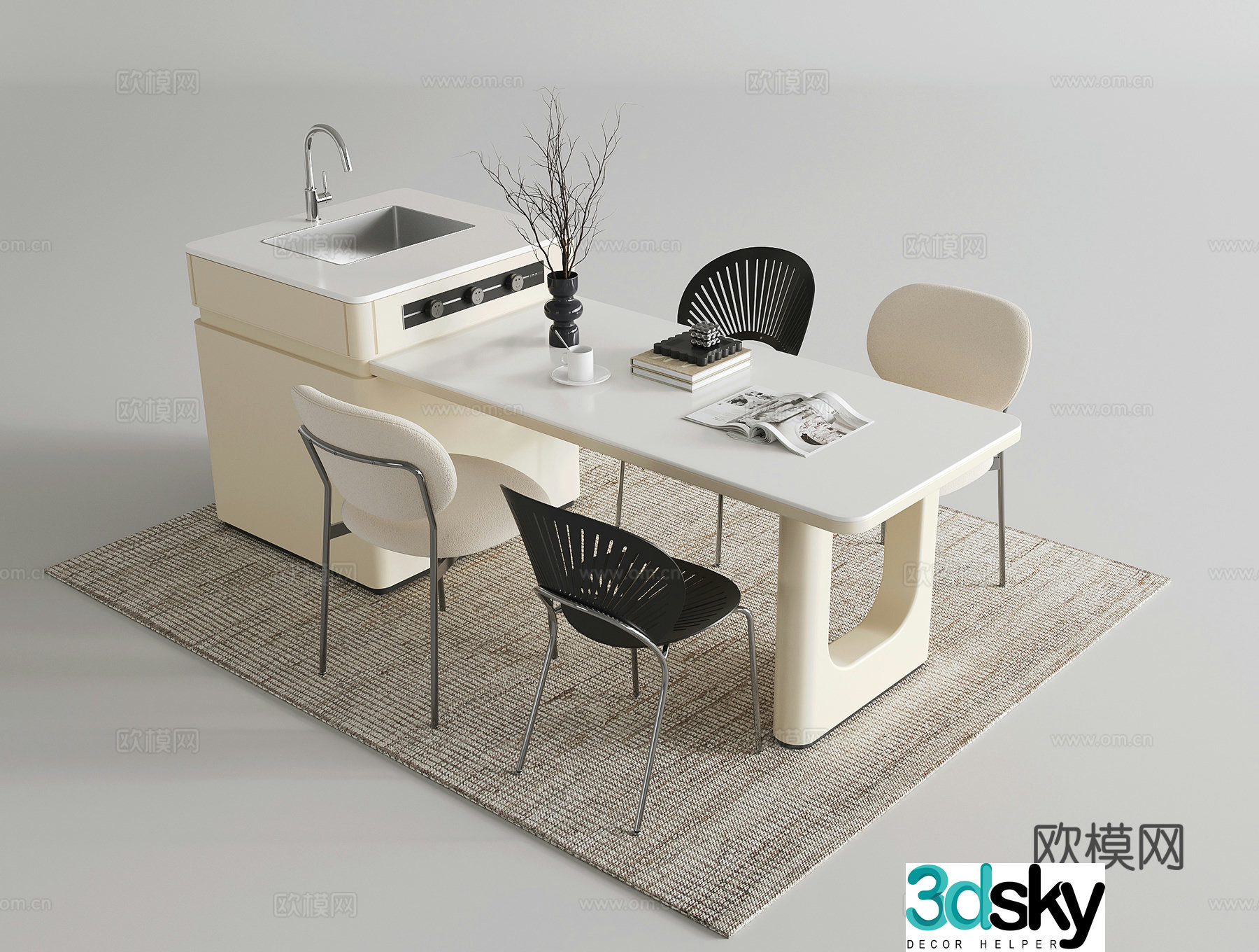 Modern cream dining table and chair island rock slab decorative ornaments middle island 3d model