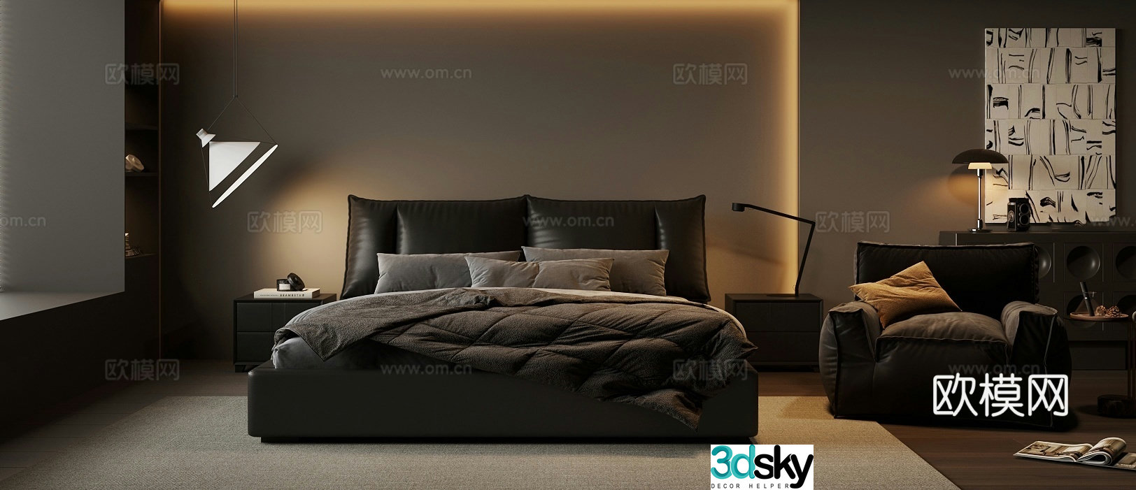 Modern black double bed 3d model