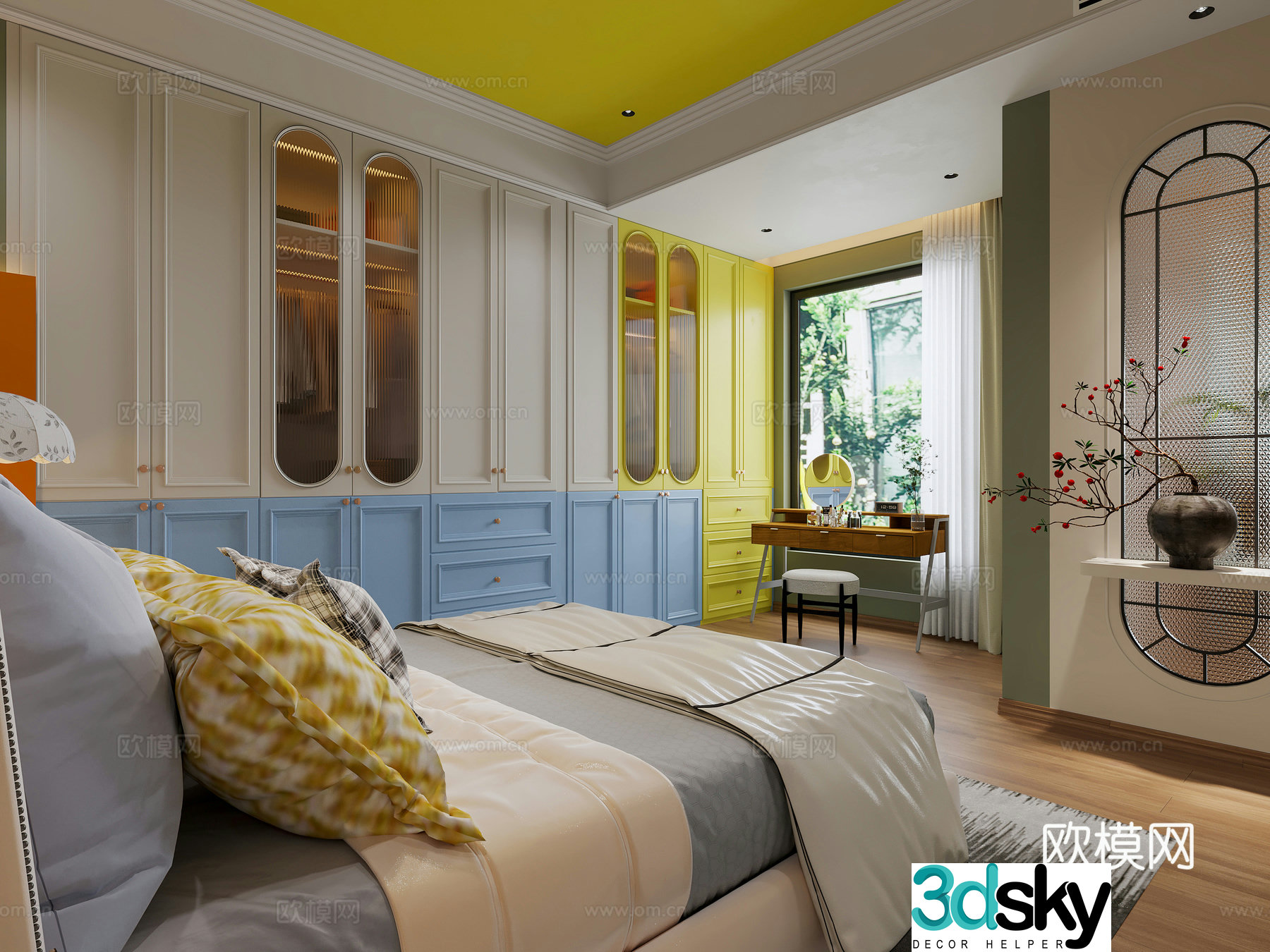 French Dopamine Bedroom Retro Bedroom French Retro Dressing Table French Cream Bedroom Original 3D Model