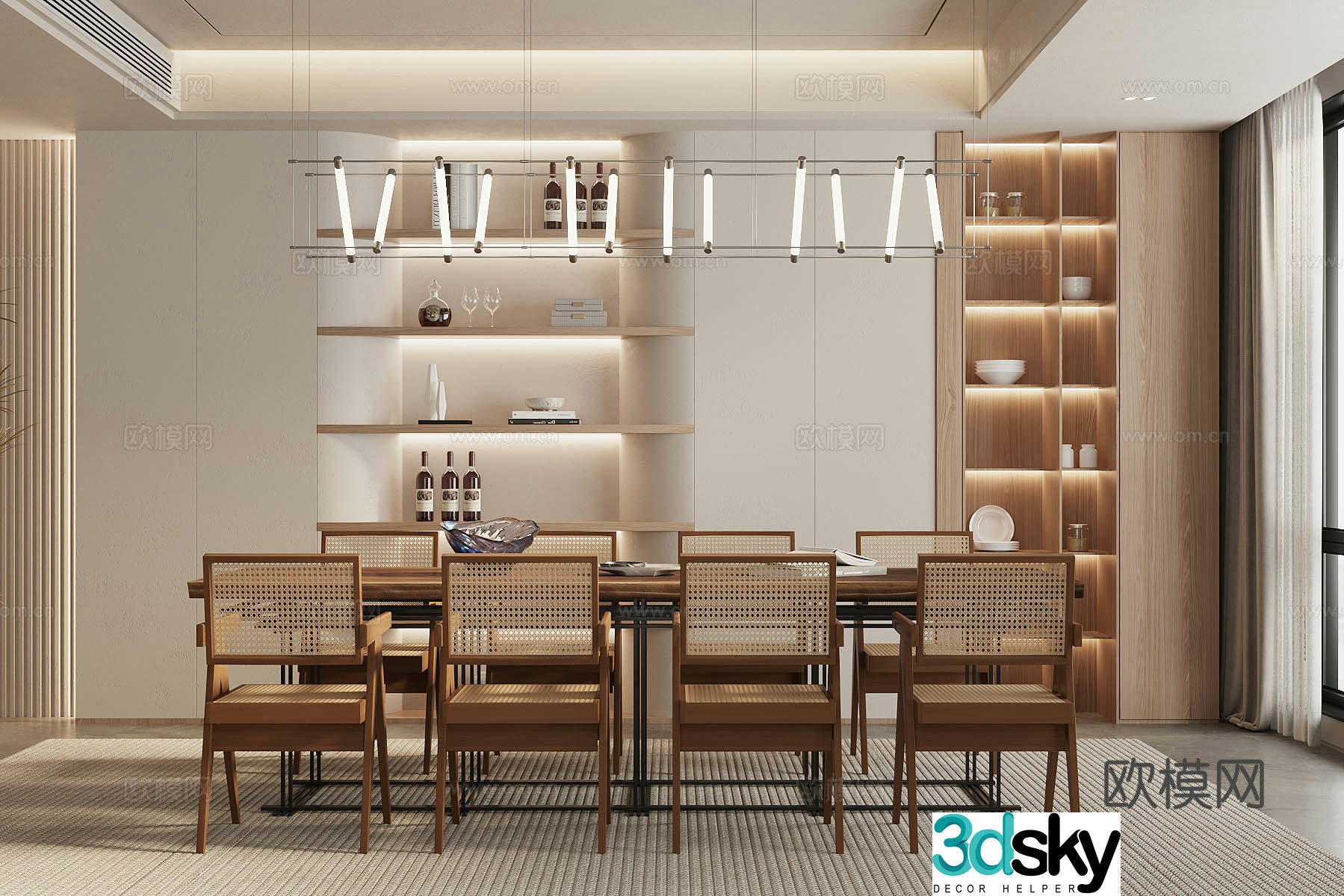 Log style home restaurant Open restaurant Solid wood dining table and chair Solid wood dining table Decorative cabinet 3D model