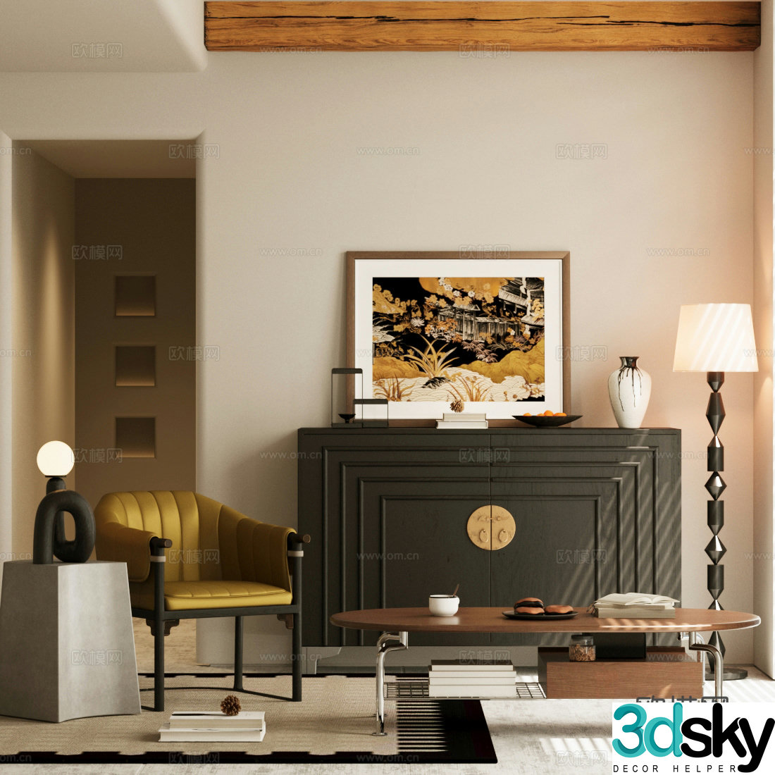 Middle-aged style entrance cabinet end view cabinet leisure chair coffee table 3D model