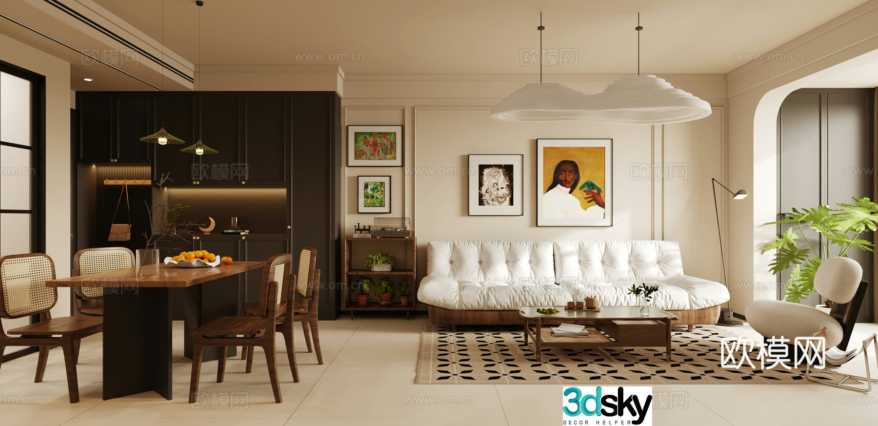 Middle style living restaurant horizontal living restaurant large flat living restaurant sofa and coffee table combination leisure chair 3D model