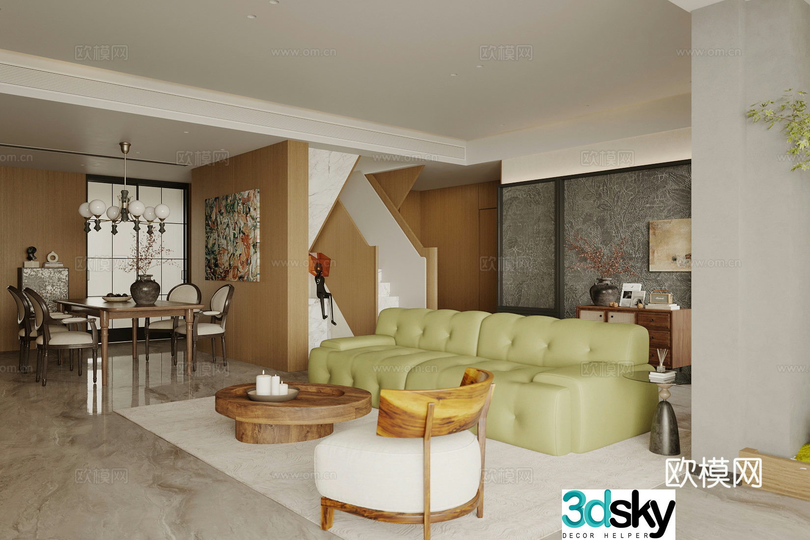 Middle style living restaurant horizontal living restaurant large flat living restaurant sofa and coffee table combination leisure chair 3D model