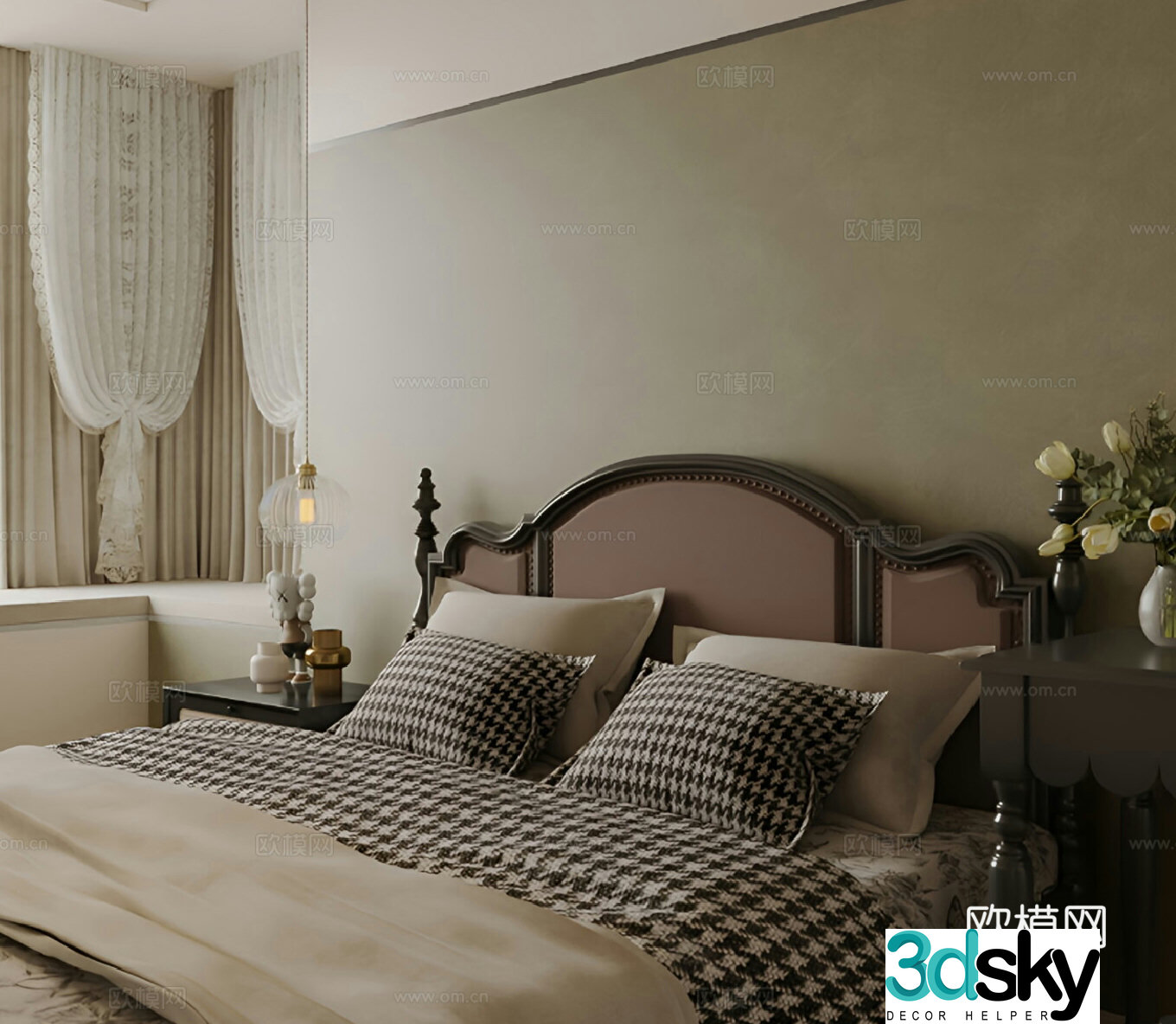 French retro home bedroom bay window bedroom 3d model