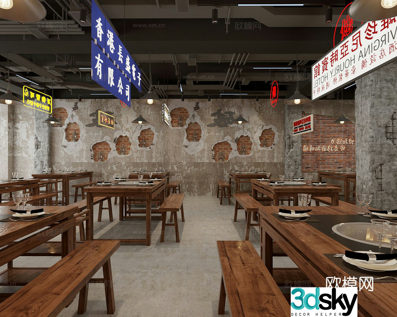 Modern industrial hotpot restaurant Hotpot restaurant dining table and chair combination luminous light sign dilapidated decorative wall 3D model