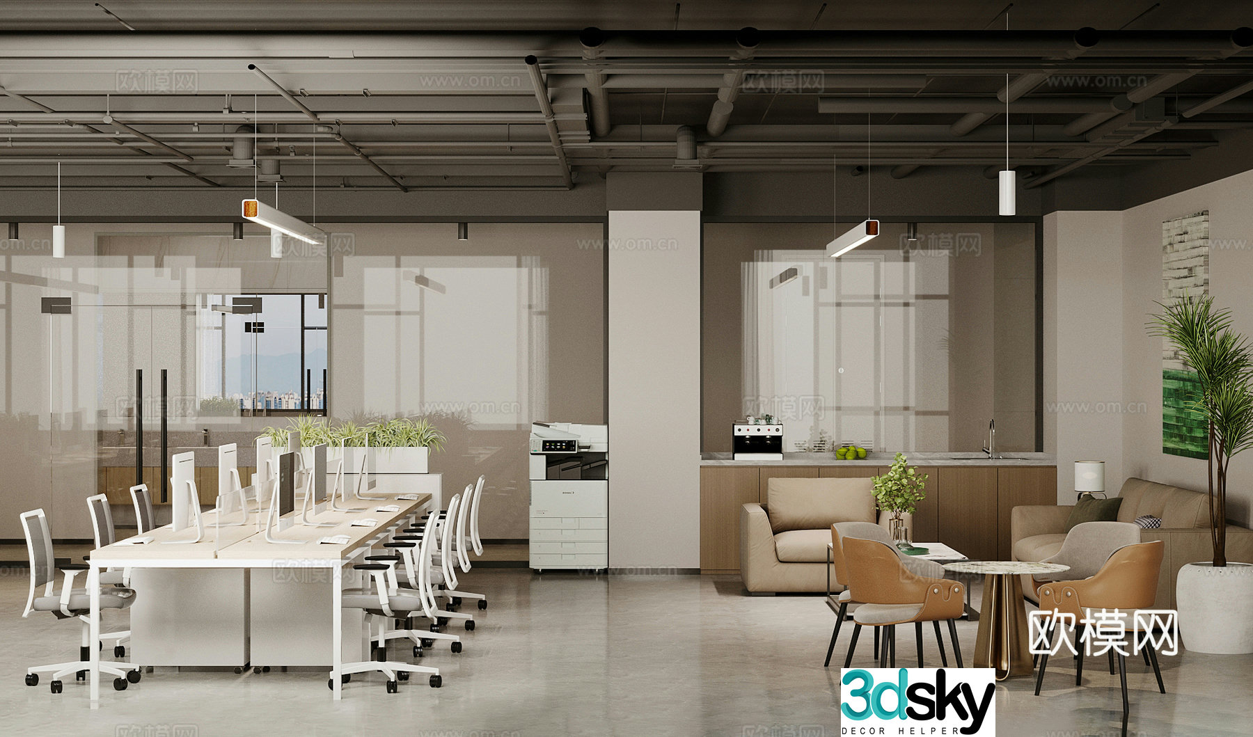 Industrial style office public office area 3d model