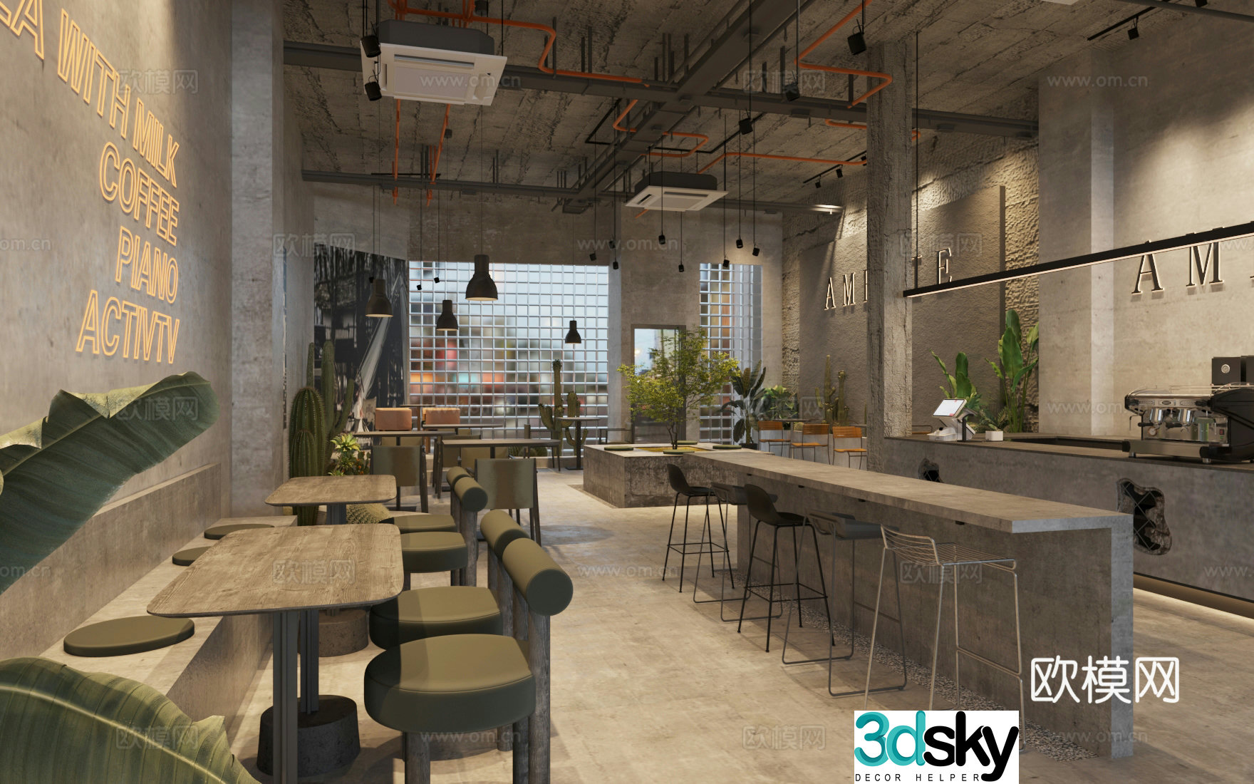 Industrial style cafe milk tea shop workbench operation table wall card restaurant water bar 3D model