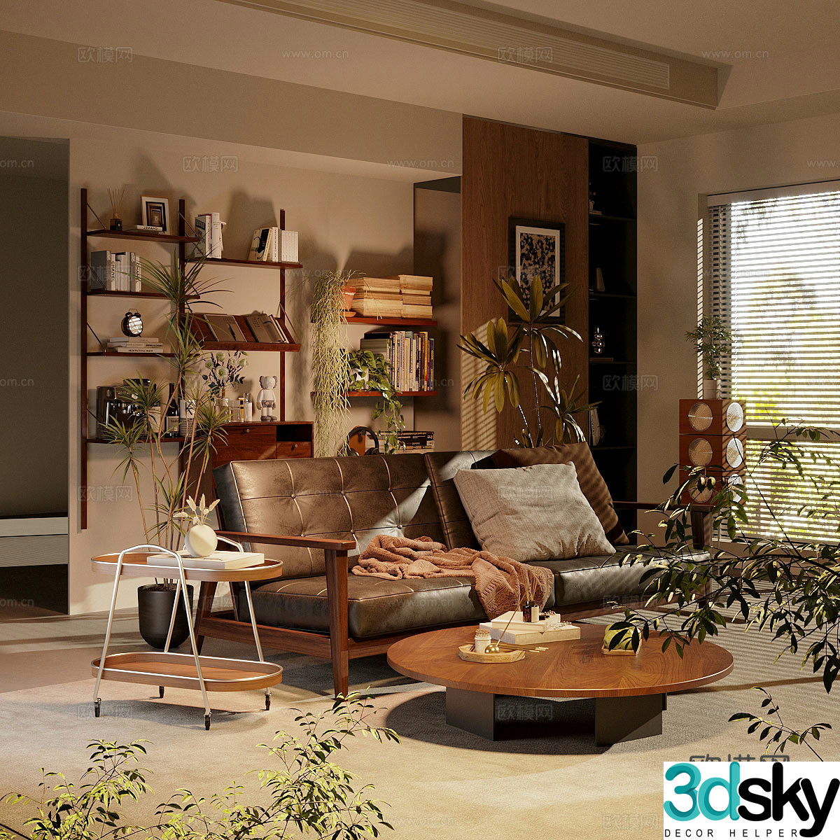 Retro medieval home living room Home living room Sofa coffee table combination Side and corner bookshelf 3D model