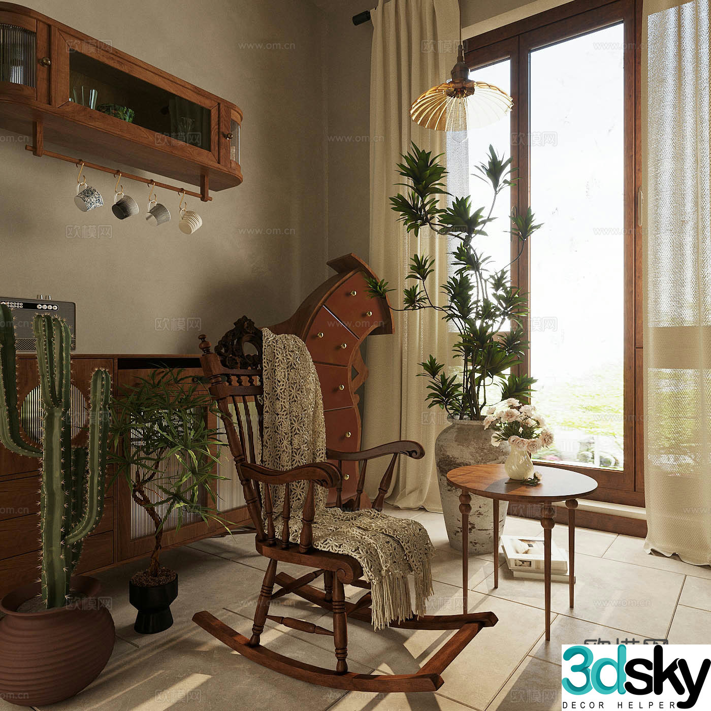 Middle-aged rocking chair decorative cabinet medieval leisure chair solid wood single chair chest of cabinet storage cabinet 3d model