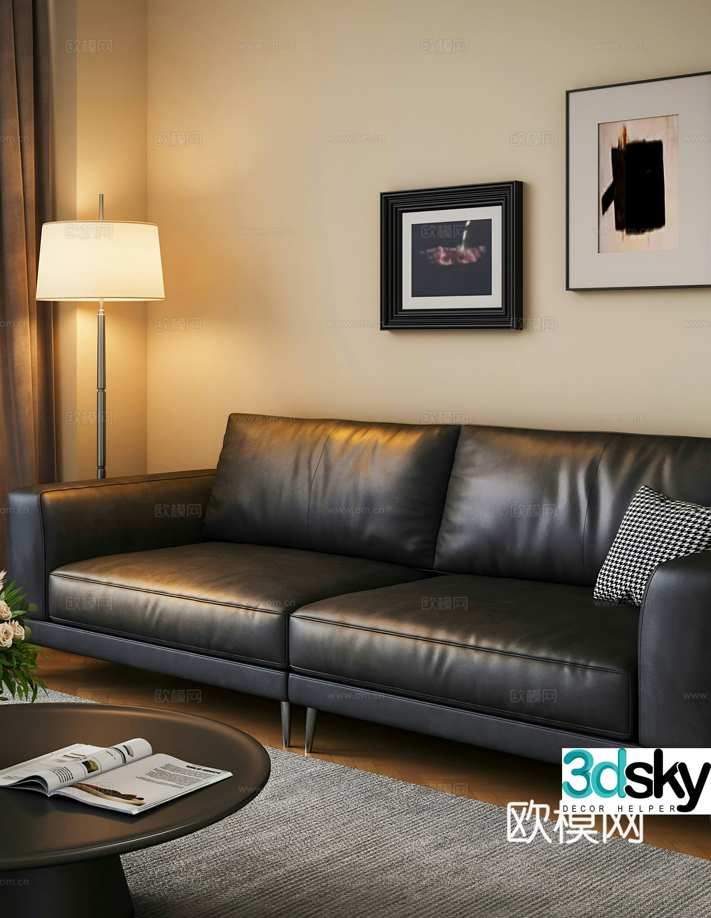 Middle-aged simple double sofa tofu block sofa sofa leather sofa 3D model