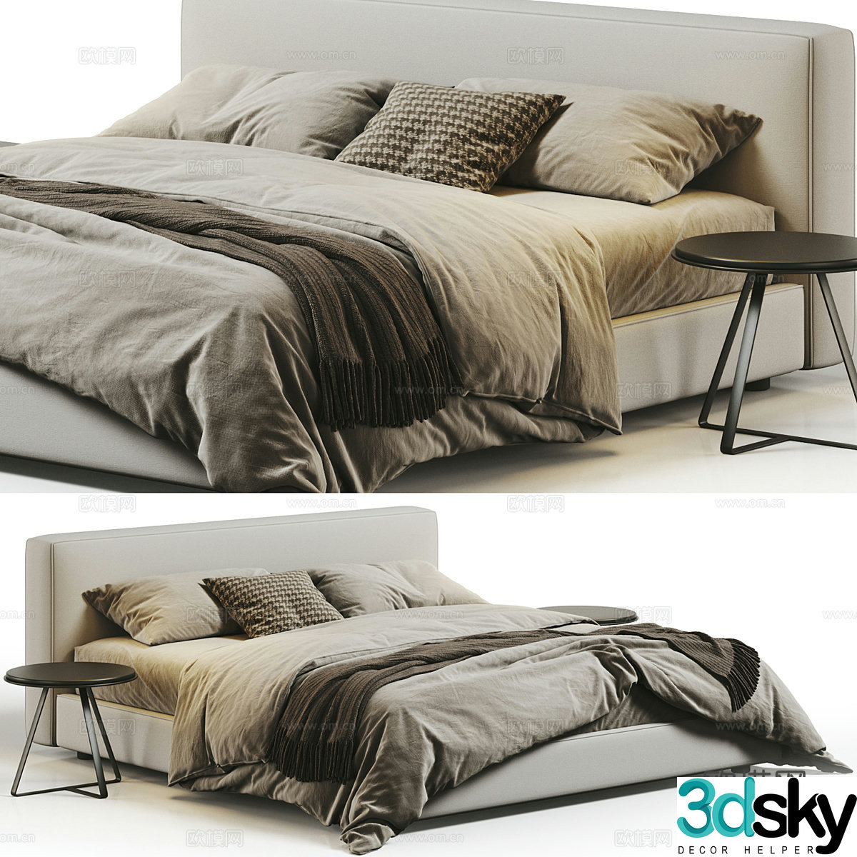 Modern Italian Elm & Iron Brody Fabric Double Bed 3D Model