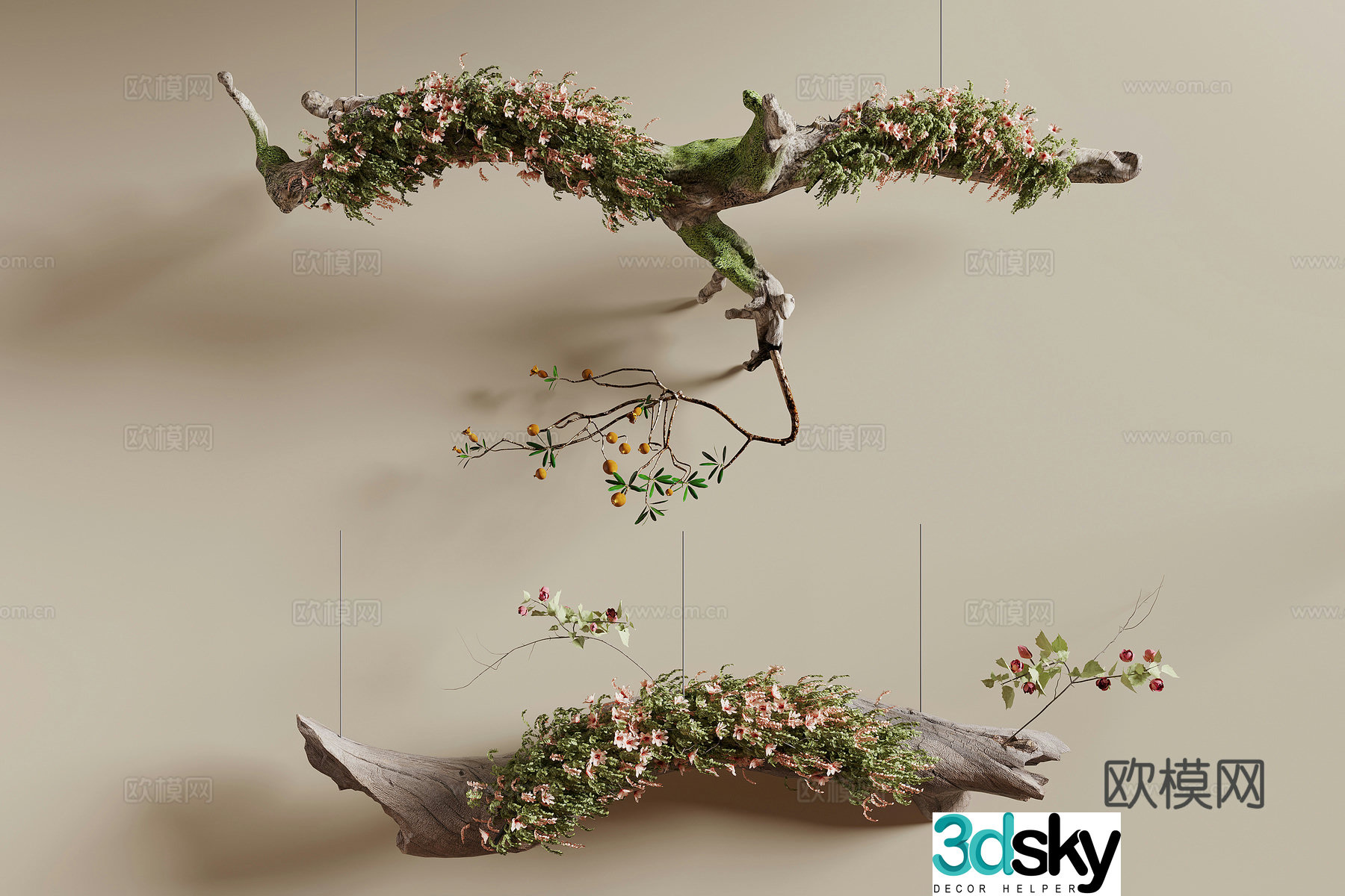 Dead wood green plants 3d model