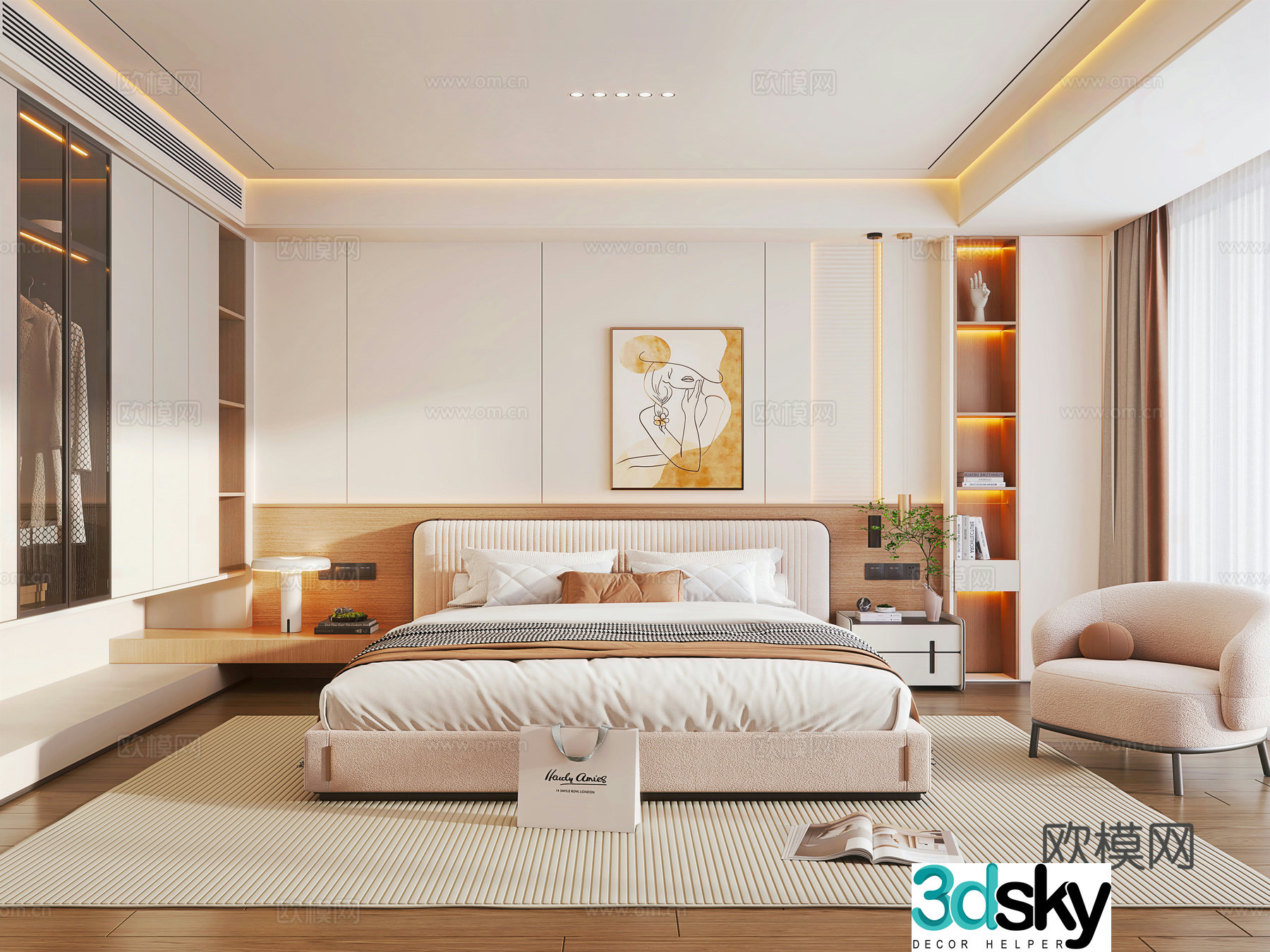 Modern cream home bedroom Cream style fabric double bed bed nightstand modern wardrobe chandelier 3d model
