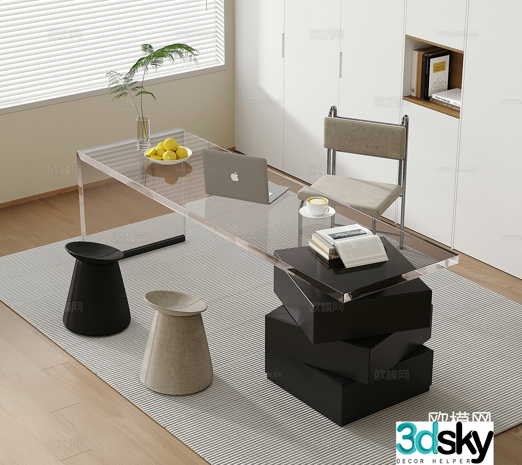 Modern desk and chair desk acrylic transparent single chair 3d model