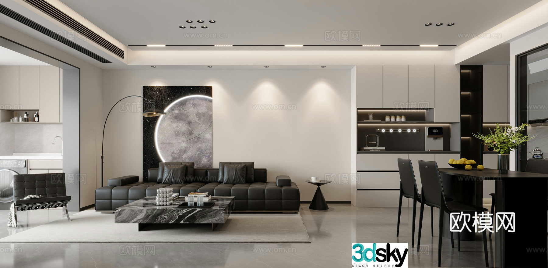 Modern black white and gray living room 3d model