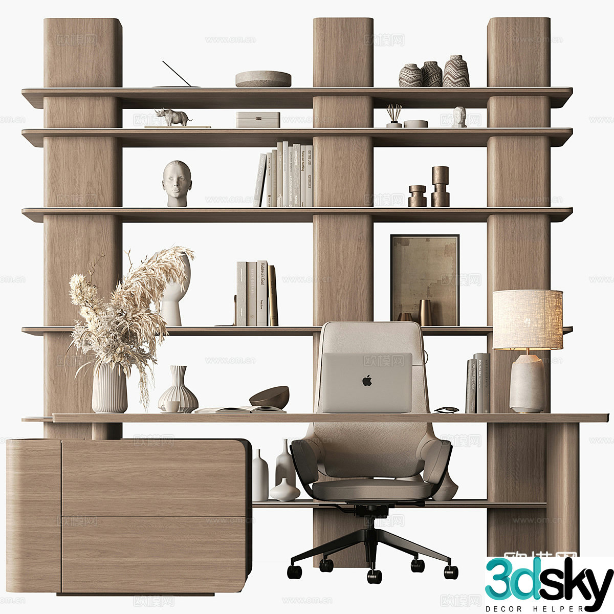 Modern Italian light luxury study bookcase desk and chair combination 3D model