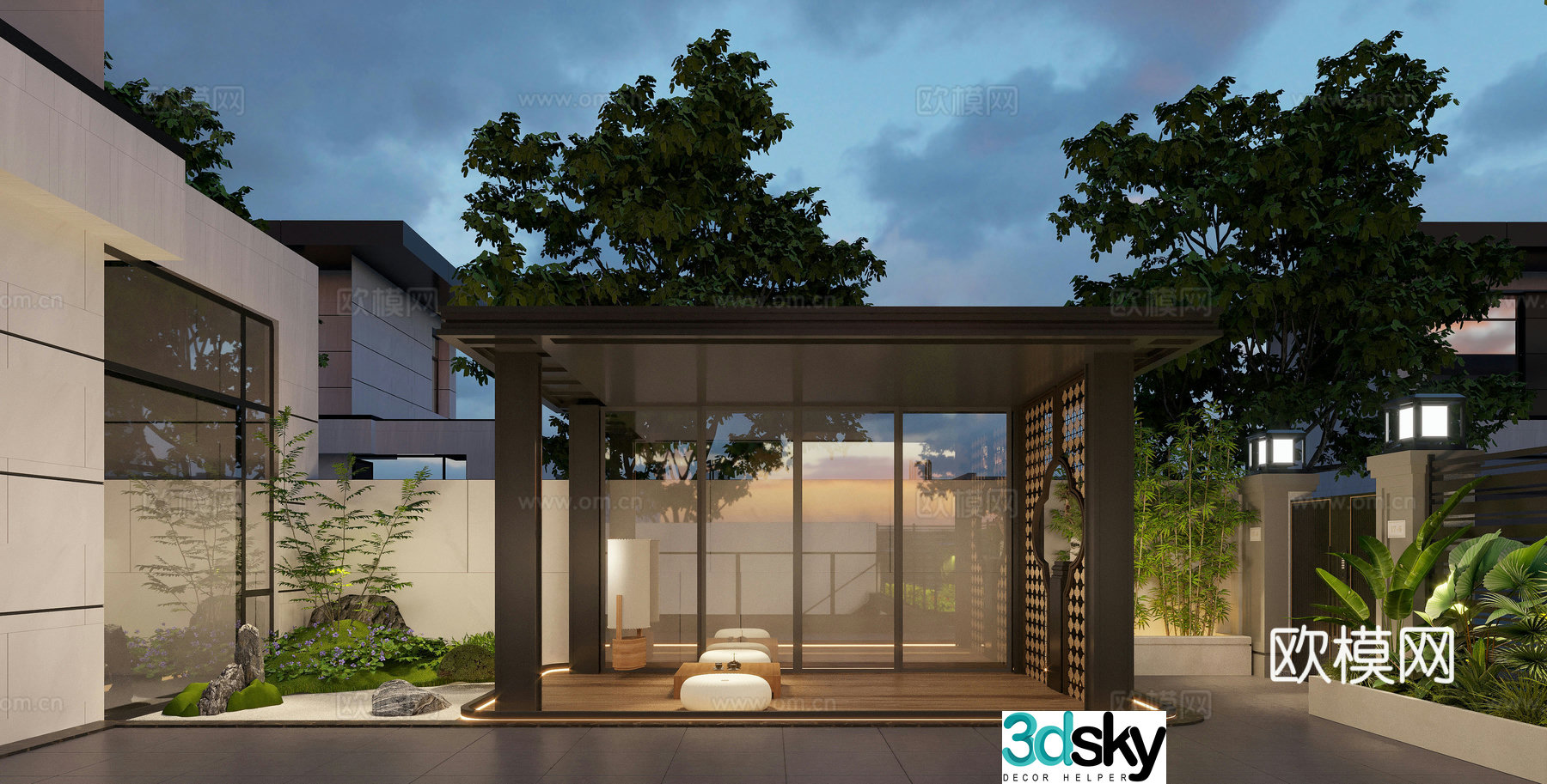 New Chinese style courtyard sun room tea room villa garden yard bting green plants stone 3d model