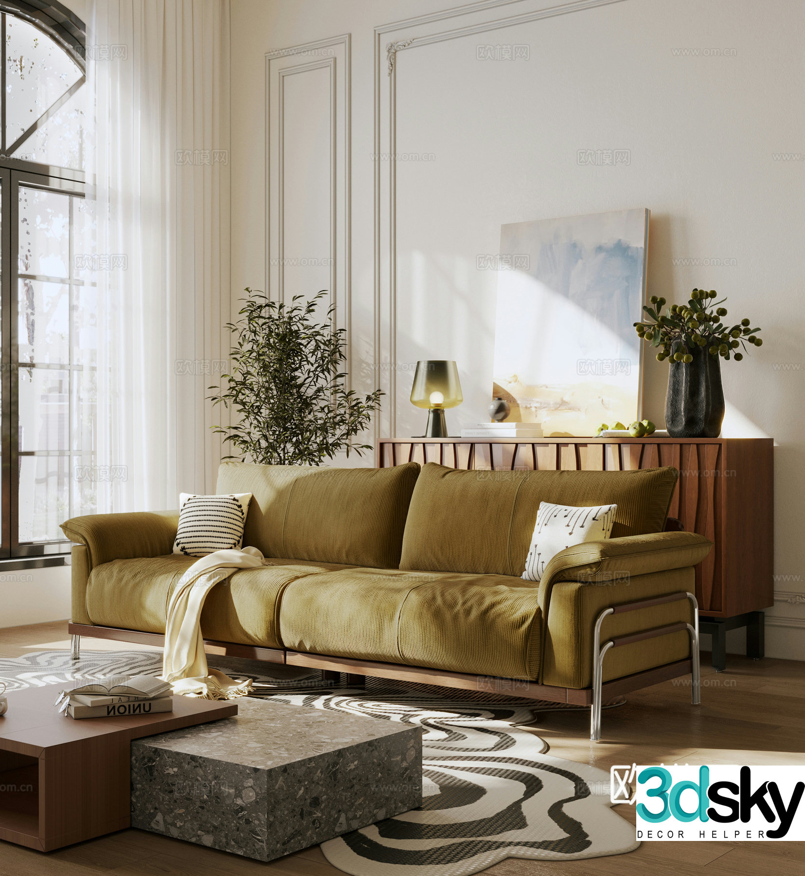 Modern medieval multi-person sofa cloth sofa casual sofa straight-row sofa 3D model