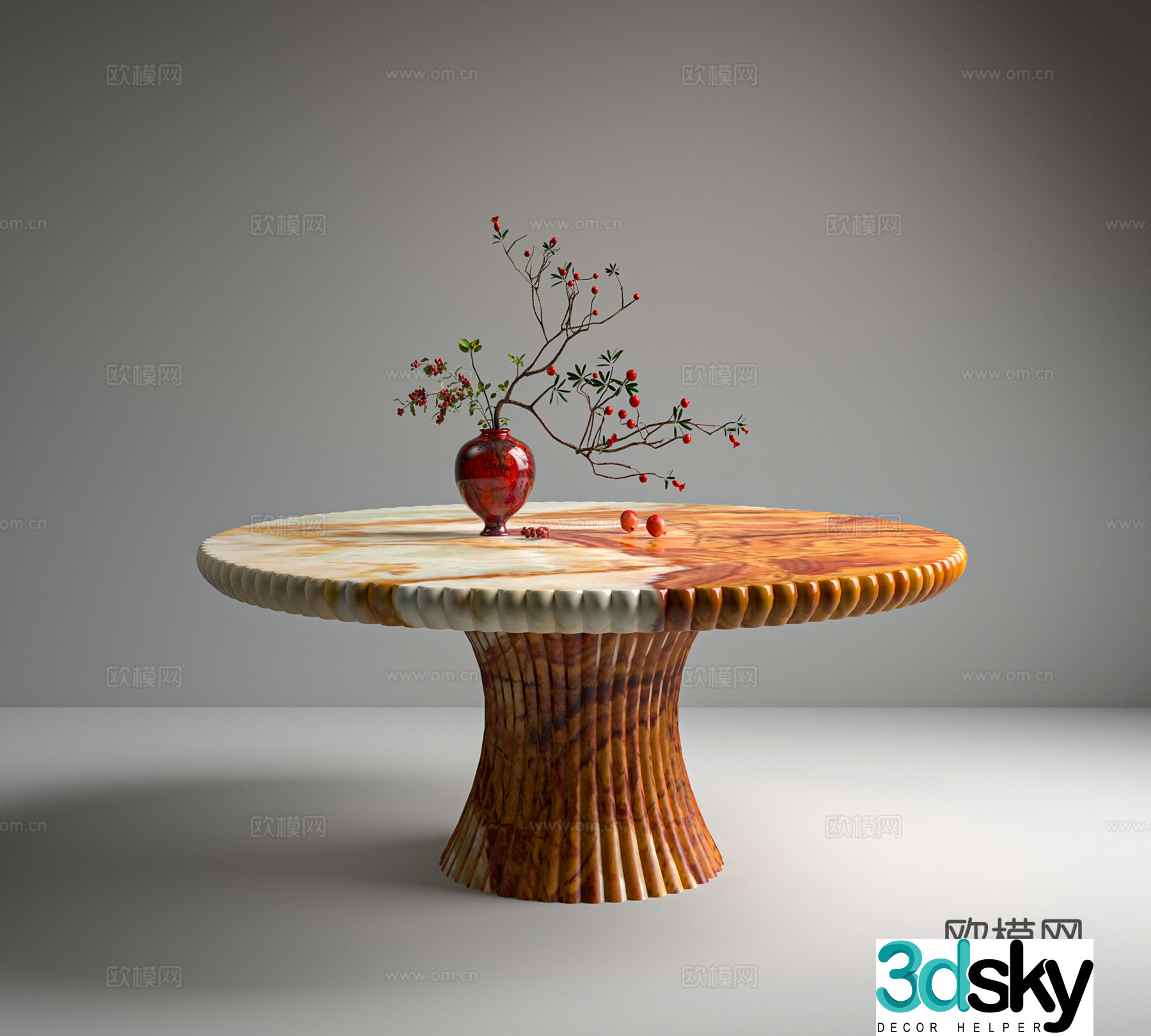 Red marble table fashion light luxury playful cream style 3d model