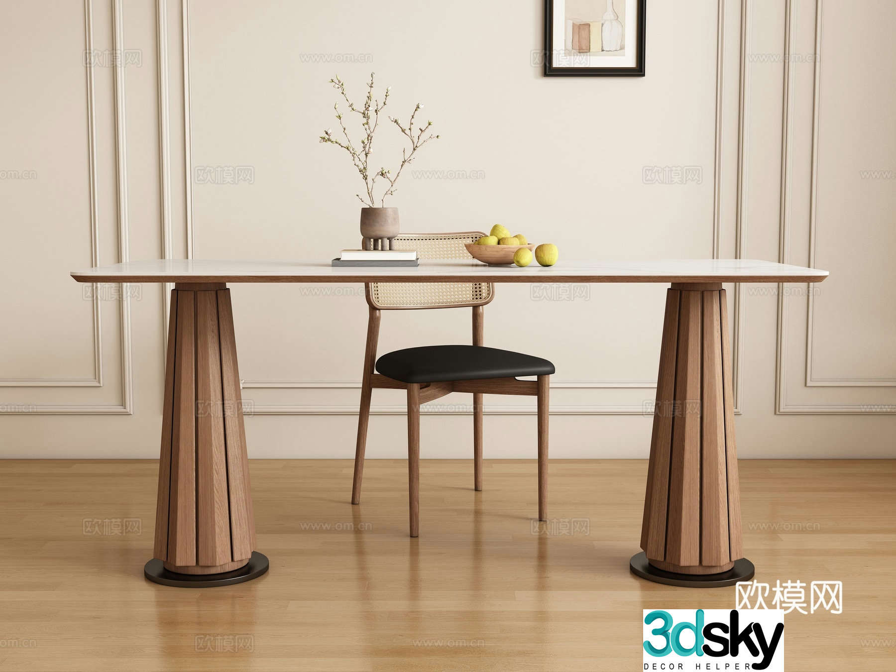 Modern long dining table and chair 3d model