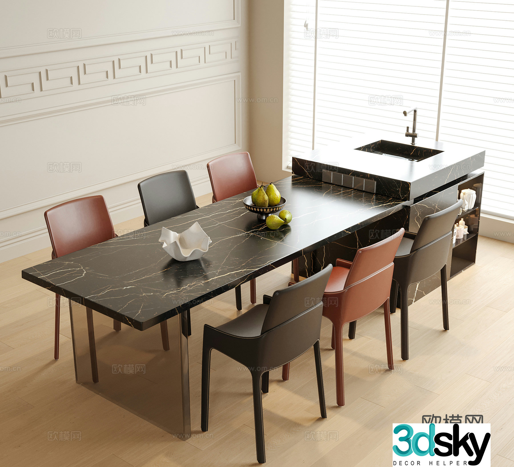 Modern dining table and chairs Island dining table and dining chair 3d model