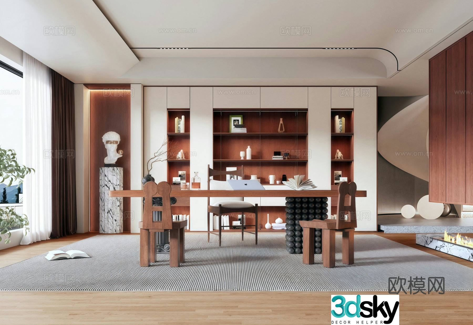 Modern medieval style study bookcase chandeliers desks chairs partitions 3D model