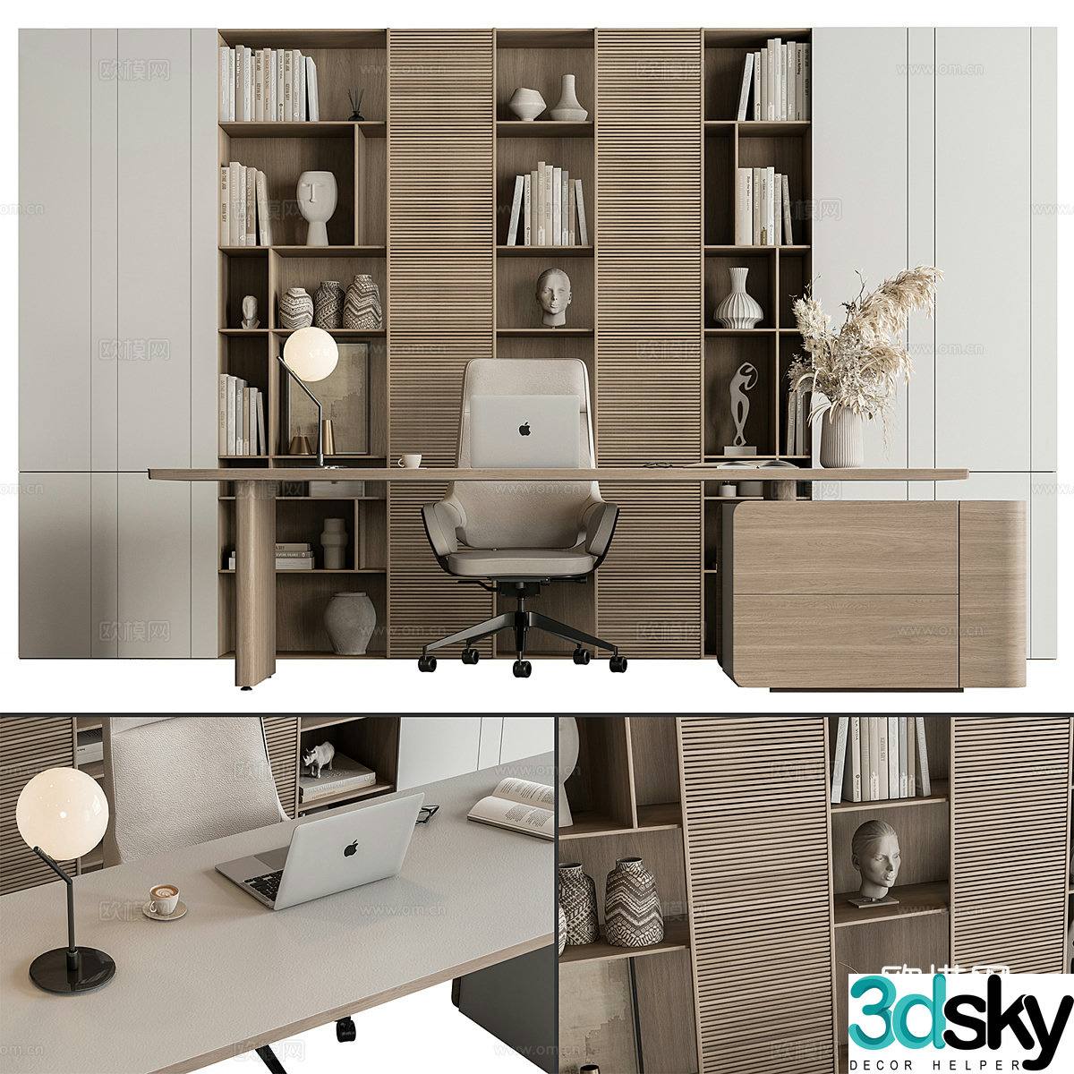 New Chinese style decorative bookcase desk chair office desk chair 3d model