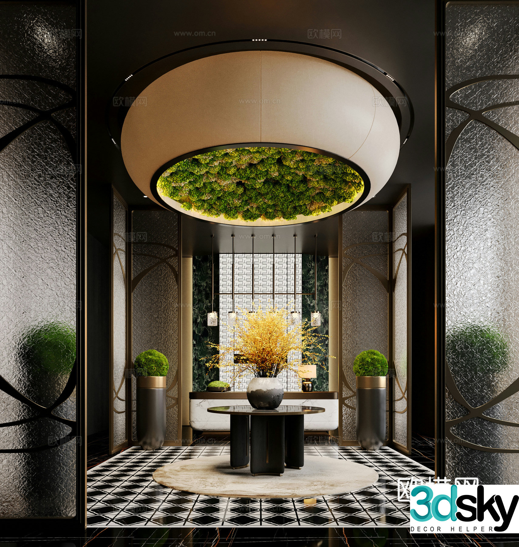 Modern hotel hall floral installation glass partition 3d model