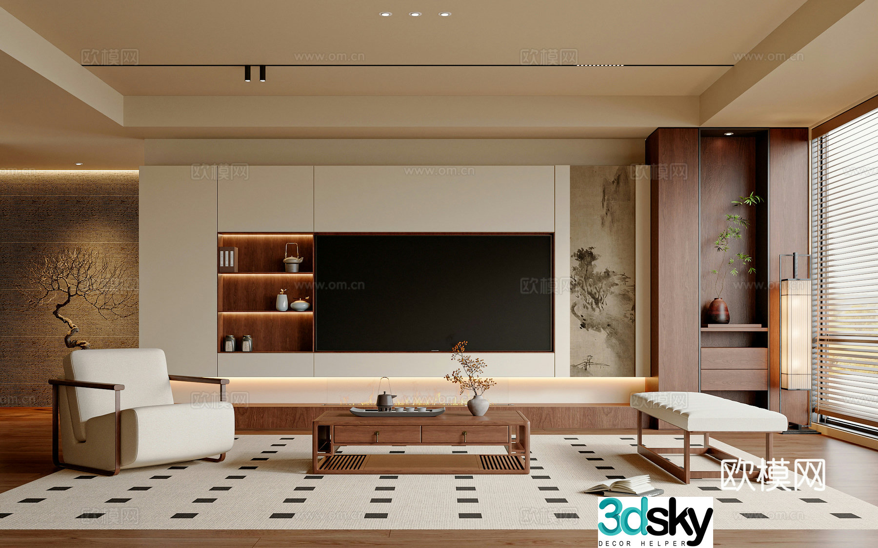 New Chinese Song style living room Chinese style living room TV cabinet Sofa coffee table combination Leisure chair 3D model