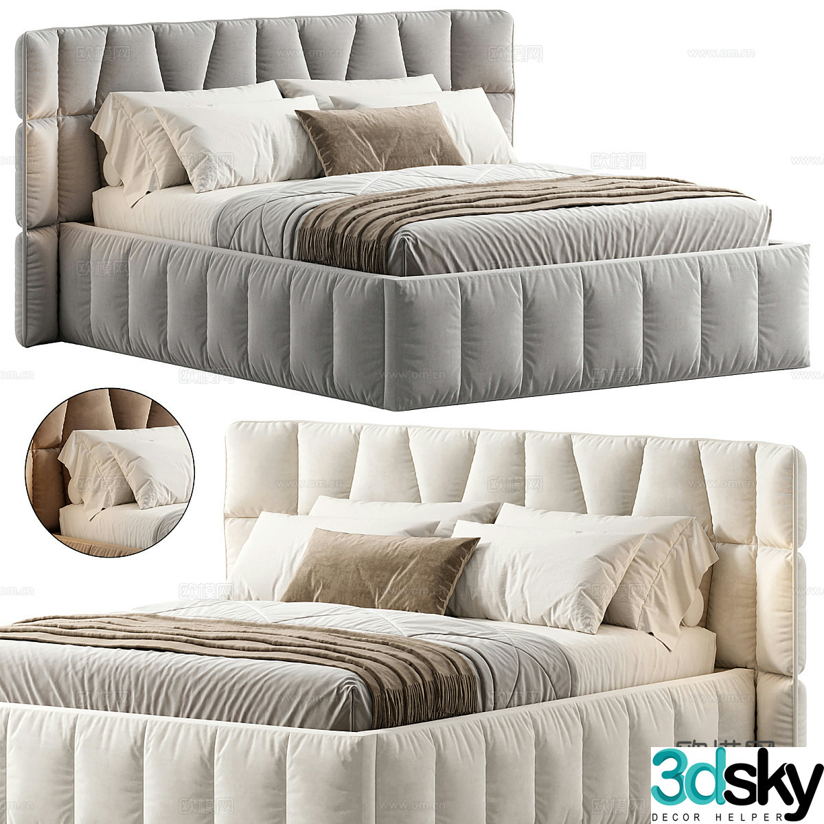 Modern Cream Style Diamond Bed 3D Model