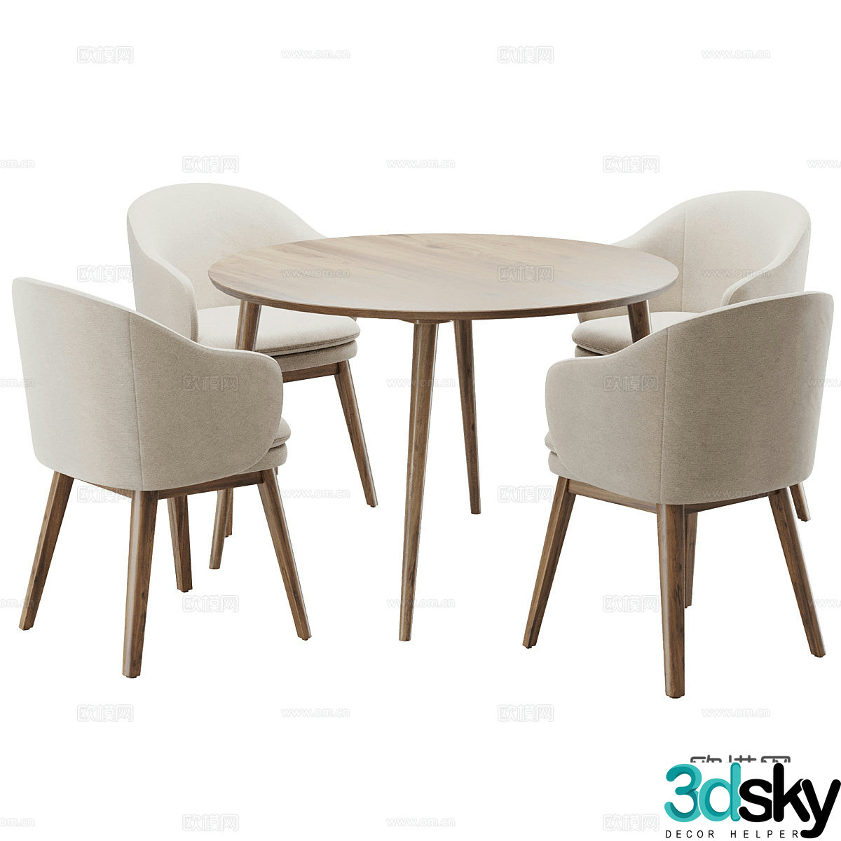 Creamy dining table and chairs Fabric dining chairs Log wooden table Large round table Round dining table Leisure single chair 3D model